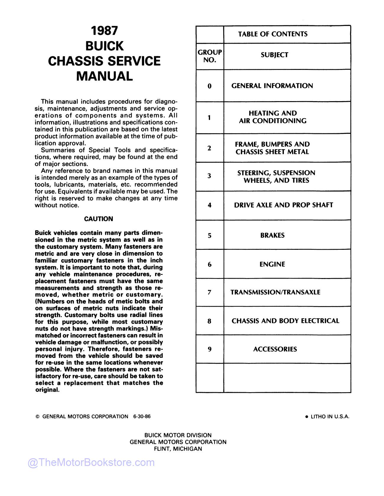 1987 Buick and Grand National Service Manual  - Table of Contents