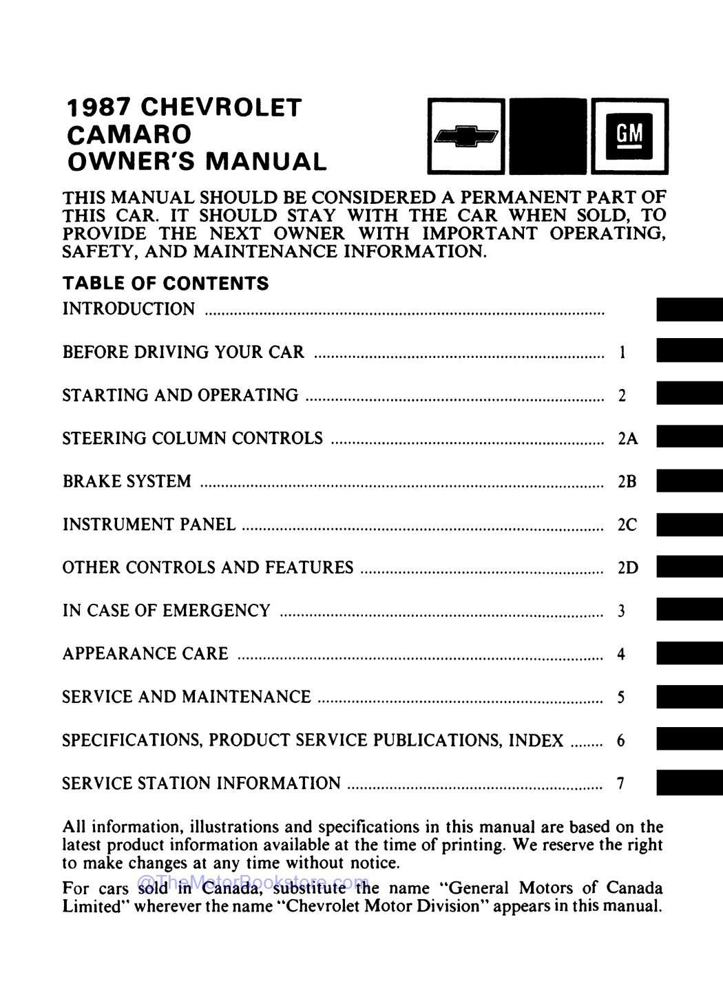 1987 Chevrolet Camaro Owner's Manual  - Table of Contents
