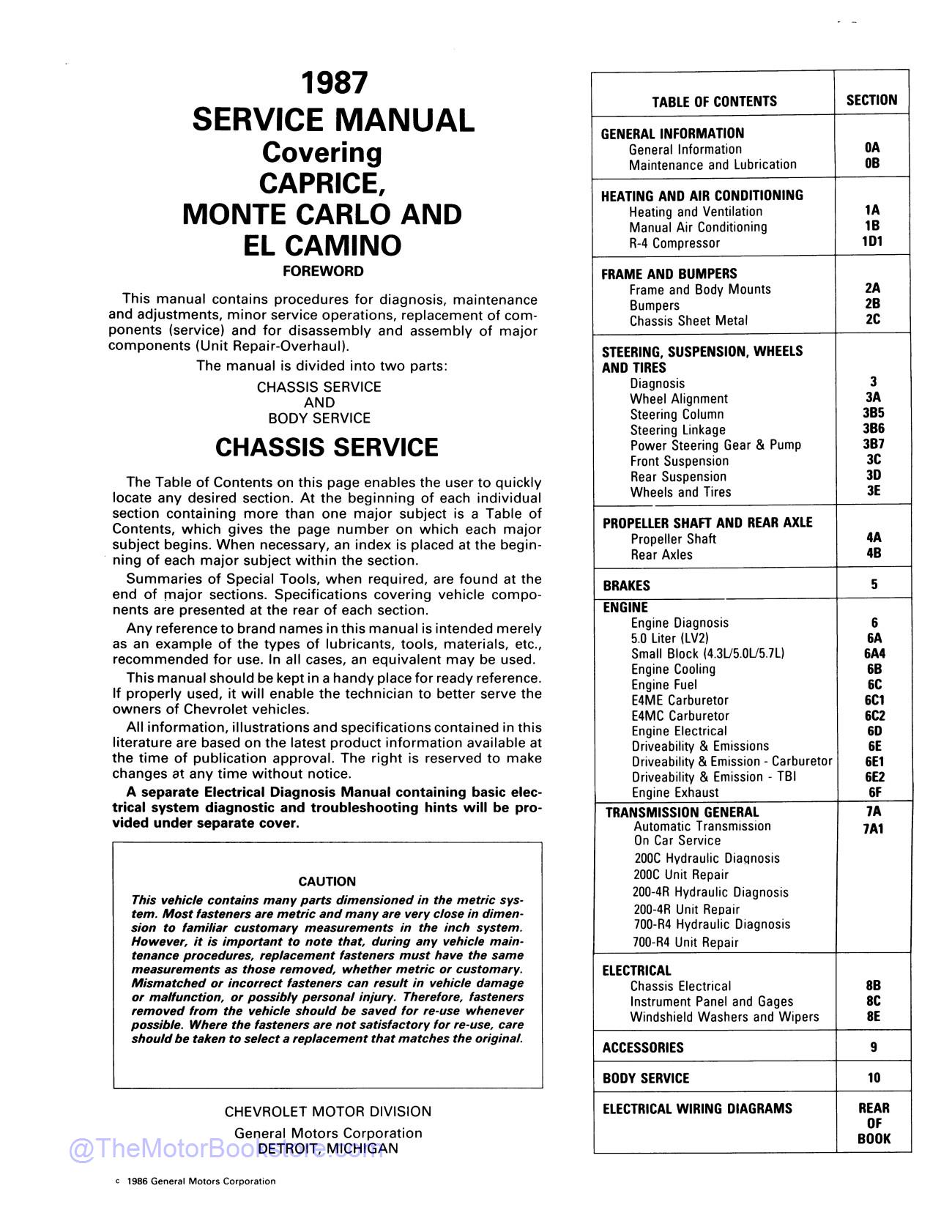 1987 Chevy Monte Carlo, El Camino, Caprice Service Manual  - Table of Contents
