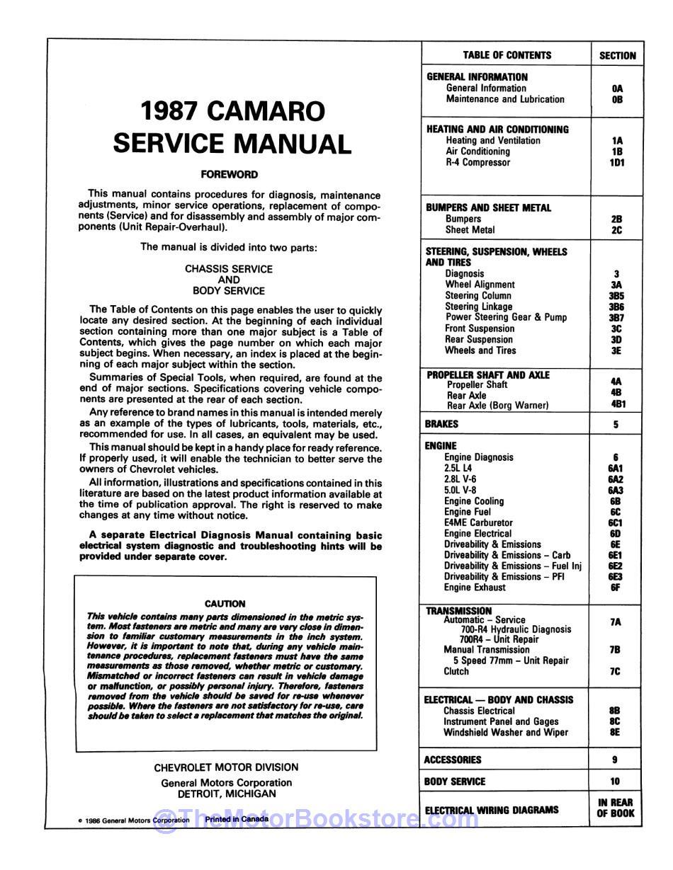 1987 Chevy Camaro Shop Manual  - Table of Contents 1