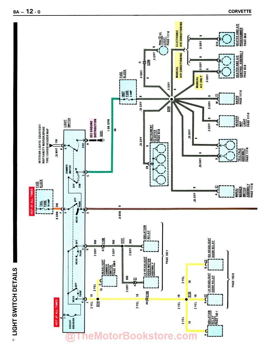 1987 Corvette Electrical Diagnosis Service Manual Supplement - COLOR - Sample Page - Light Switch Details