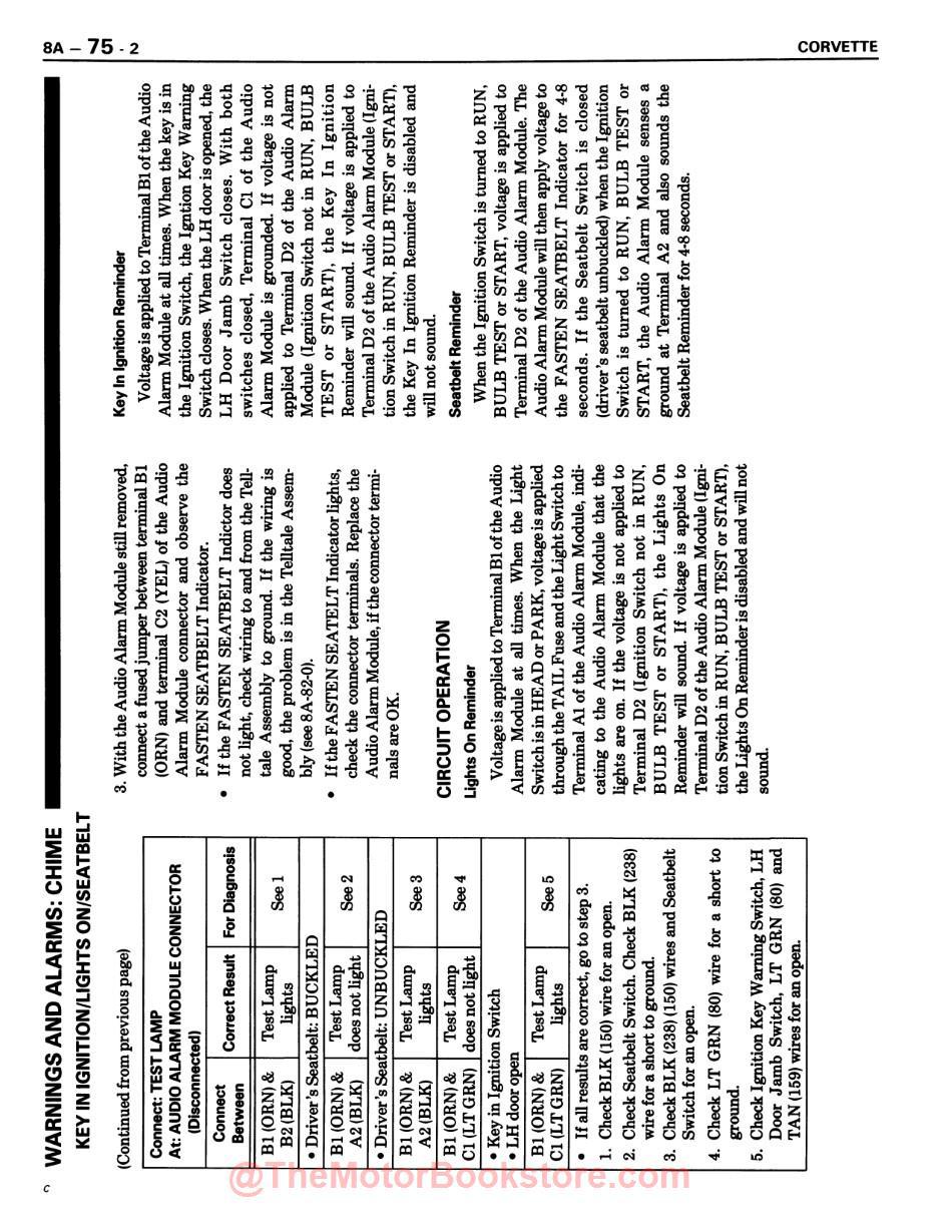 1987 Corvette Electrical Diagnosis Service Manual Supplement - COLOR - Sample Page - Warnings and Alarms:  Chime