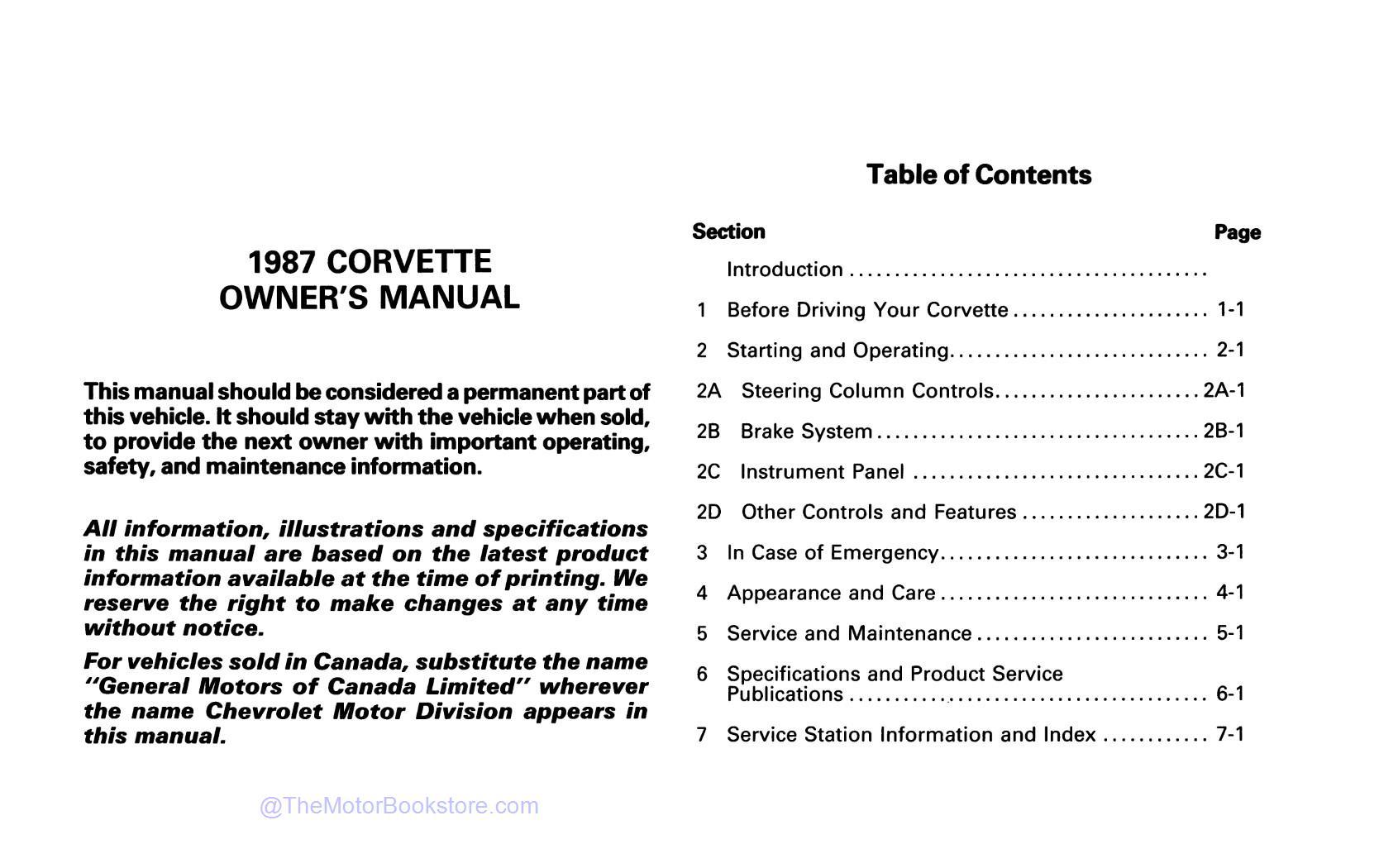 1987 Corvette Owner's Manual - Table of Contents 1987 Corvette Owner's Manual - Table of Contents