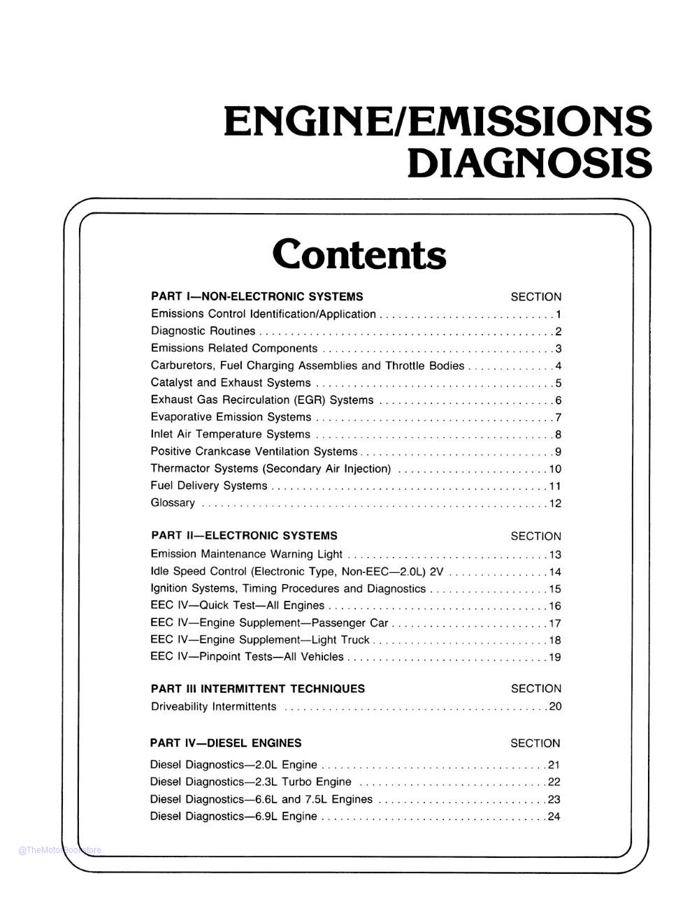 1987 Ford Car / Truck Engine & Emissions Diagnosis Shop Manual  - Table of Contents