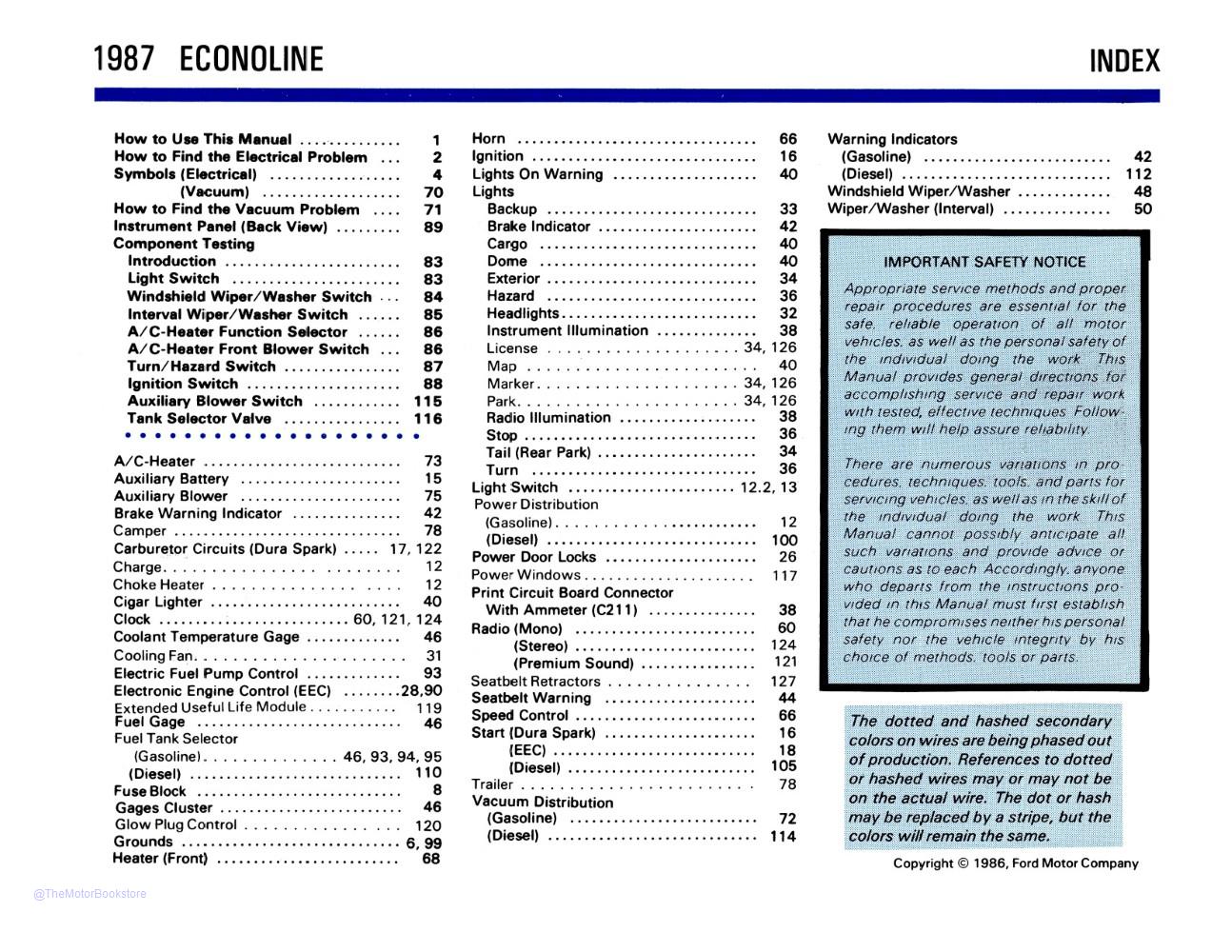 1987 Ford Econoline Electrical Vacuum Troubleshooting Manual  - Table of Contents