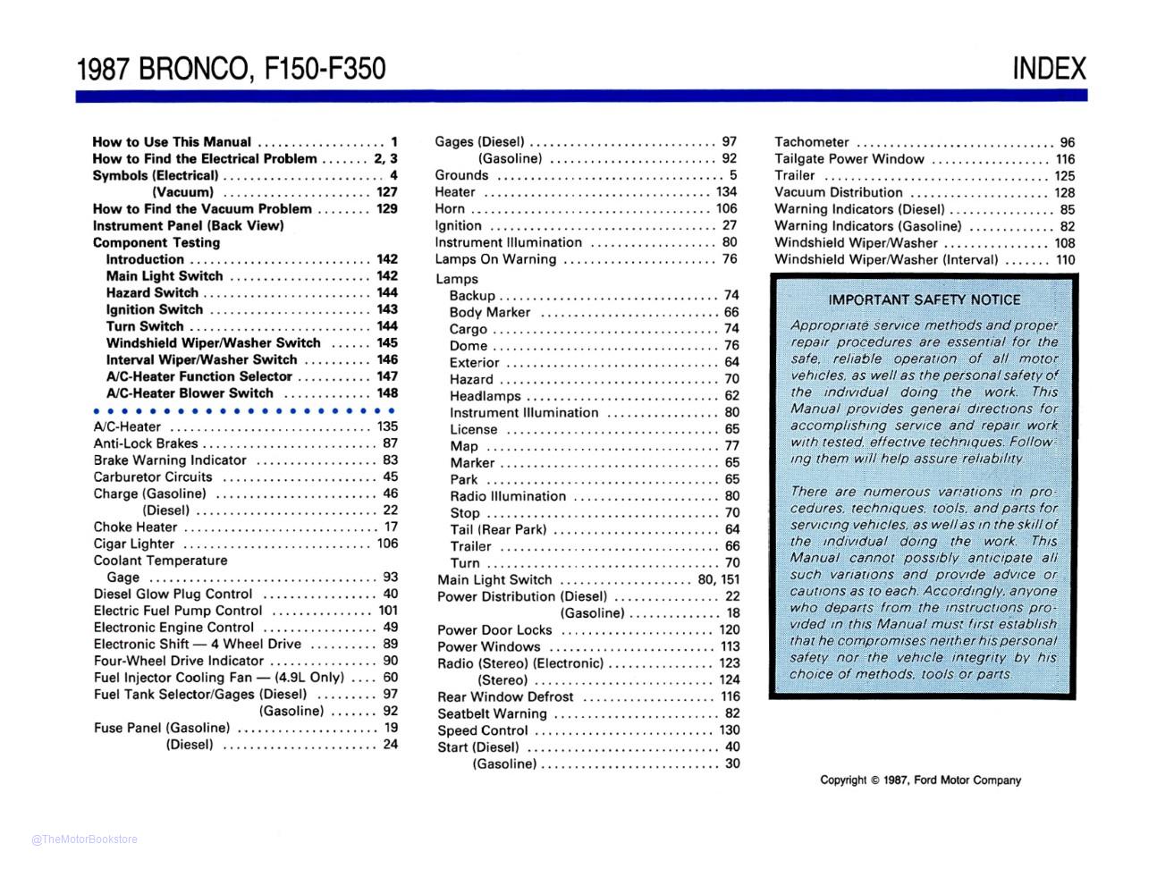 1987 Ford F-Series Truck Electrical Vacuum Troubleshooting Manual  - Table of Contents