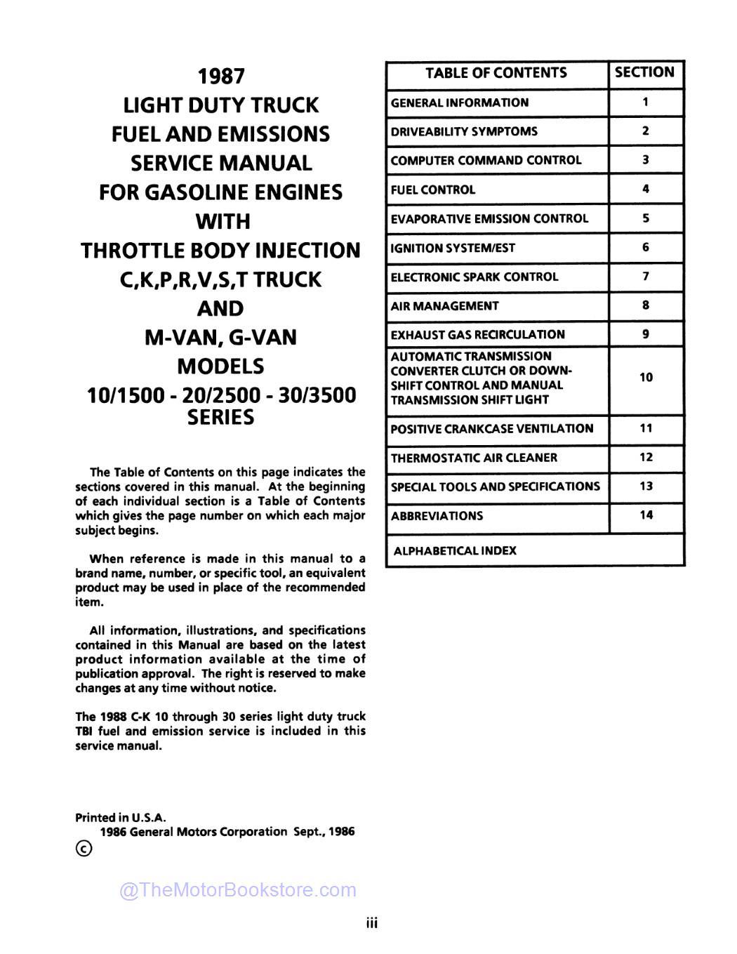 1987 GMC Light Duty Truck Fuel, Driveability and Emissions Manual  - Table of Contents