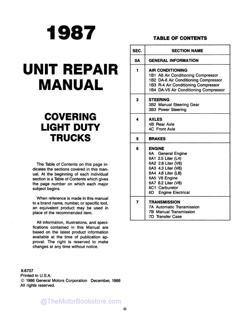 1987 GMC Light Duty Truck Unit Repair Manual  - Table of Contents