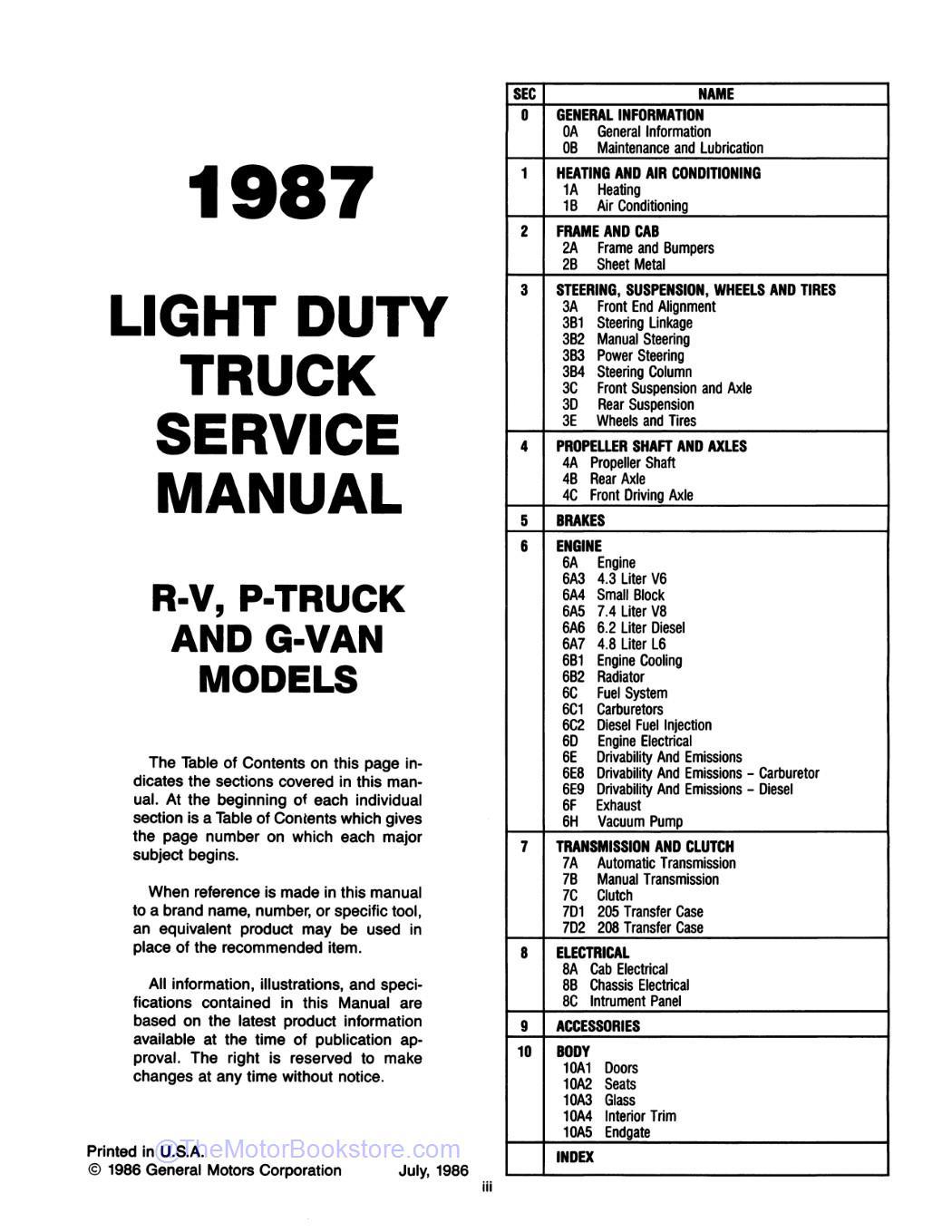 1987 GMC R / V / G / P Truck & Jimmy Service Manual  - Table of Contents