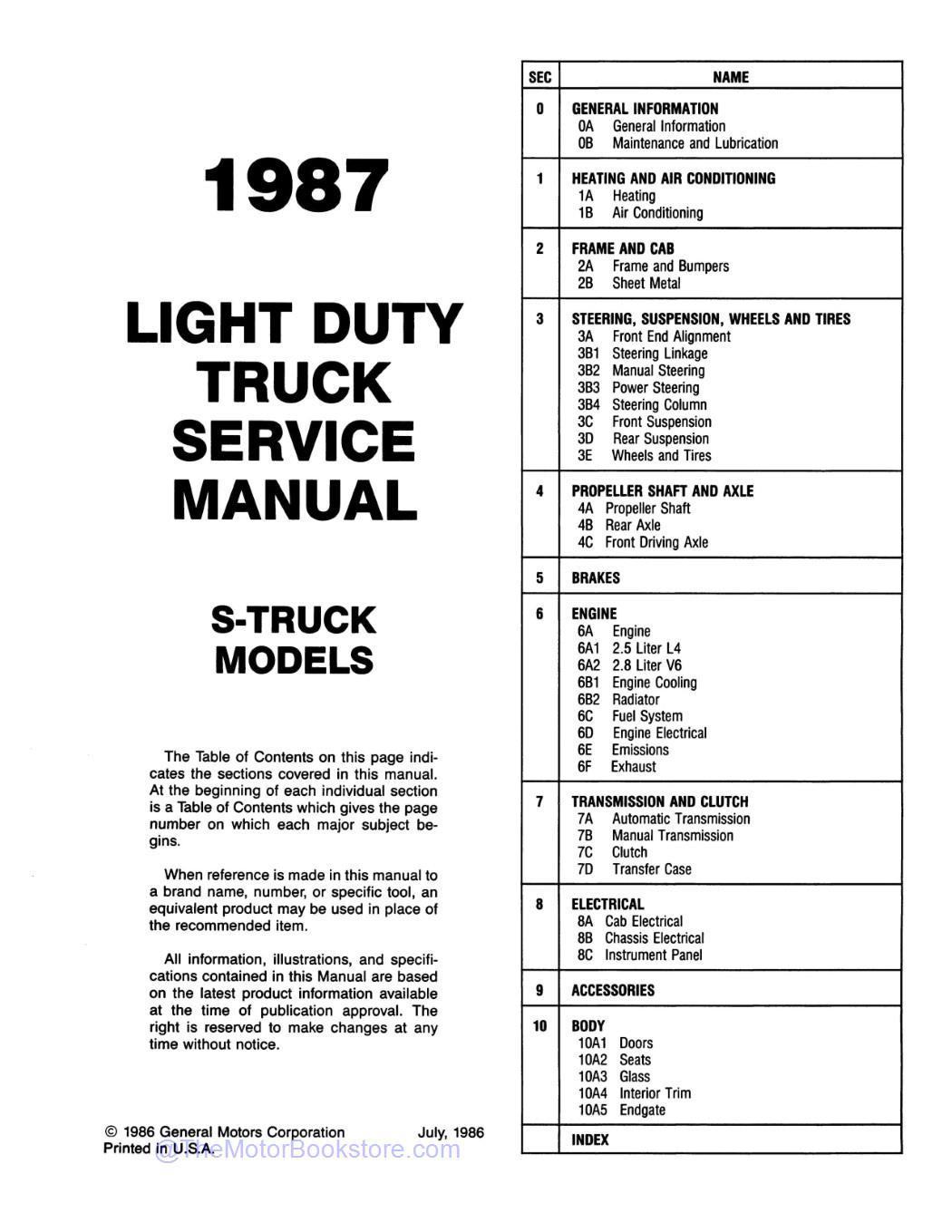 1987 GMC S-Series Truck & Jimmy Service Manual - Table of Contents 1987 GMC S-Series Truck & Jimmy Service Manual - Table of Contents