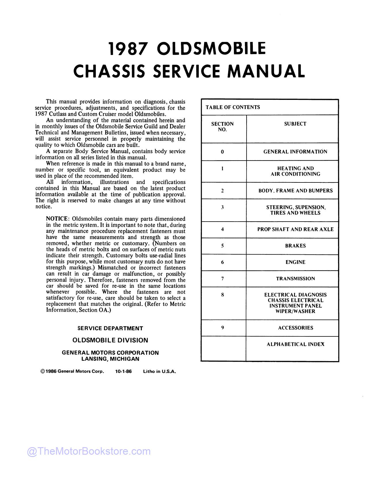 1987 Oldsmobile Service Repair Manual  - Table of Contents 1