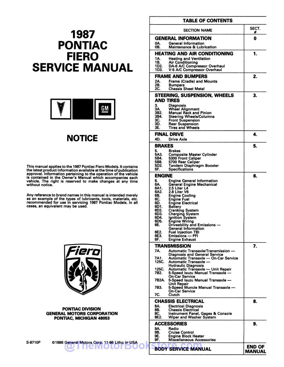 1987 Pontiac Fiero Service Manual - Table of Contents 1 1987 Pontiac Fiero Service Manual - Table of Contents 1