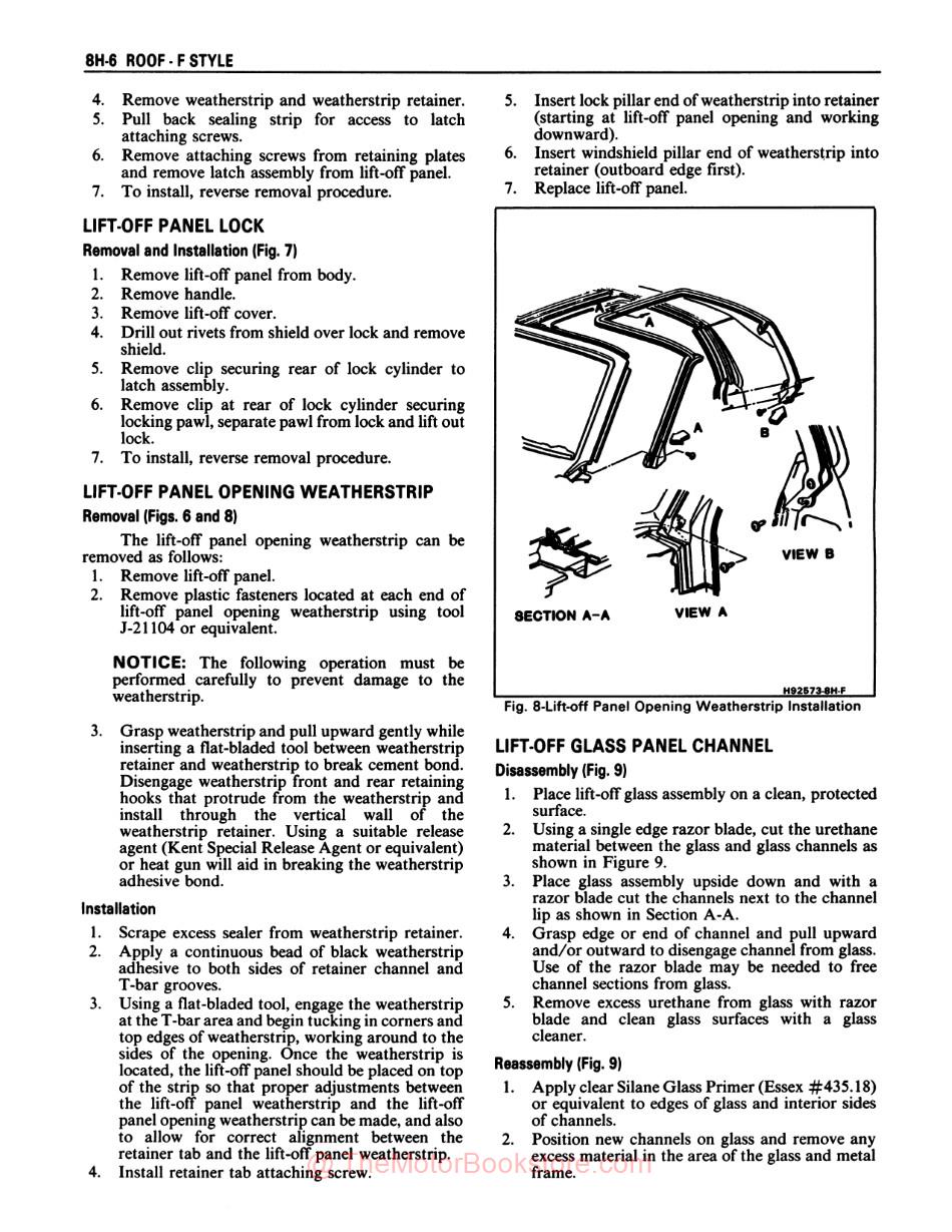 1987 Pontiac Firebird Chassis & Body Service Manual - Sample Page - Lift Off Roof