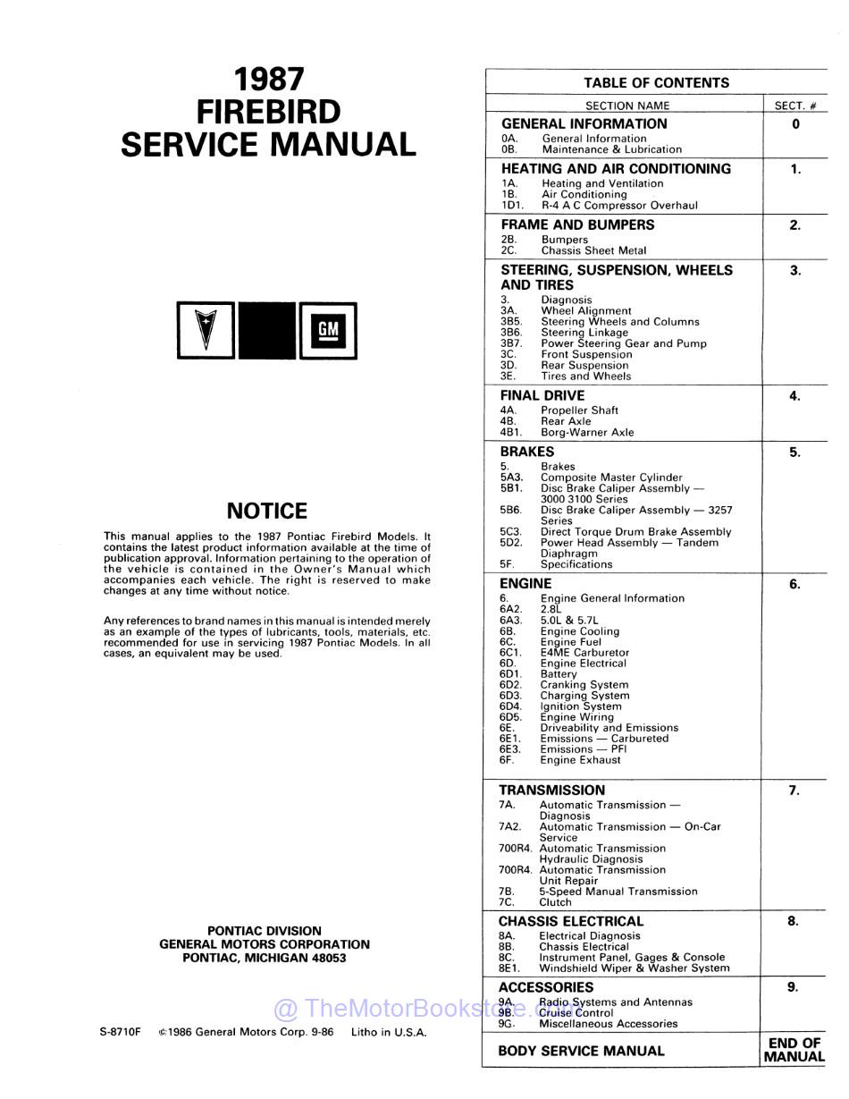 1987 Pontiac Firebird Chassis & Body Service Manual  - Table of Contents 1