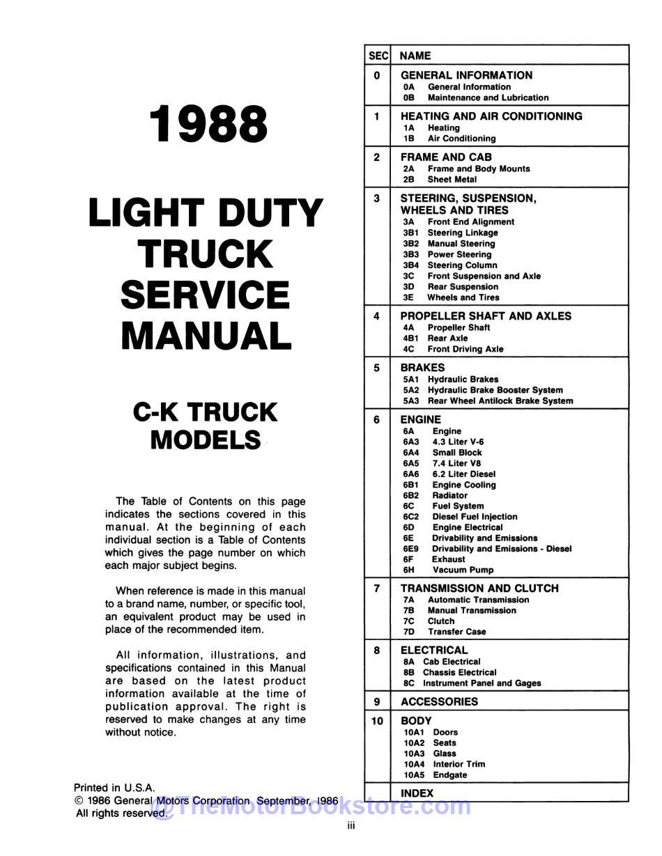 1988 Chevy C-K Pick-Up Service Manual  - Table of Contents 1