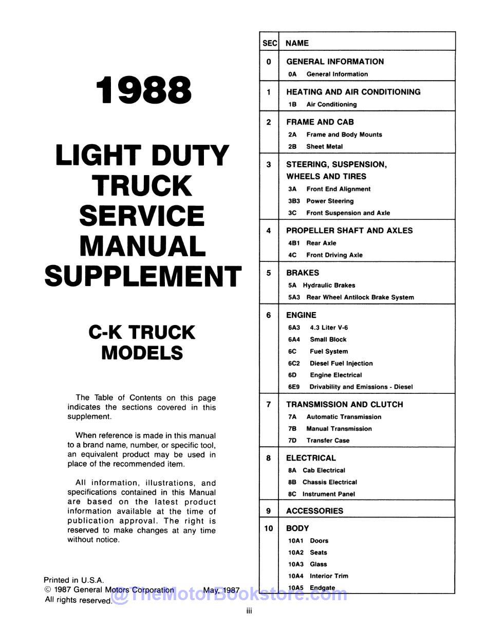 1988 Chevy C-K Pick-Up Service Manual  - Table of Contents 2