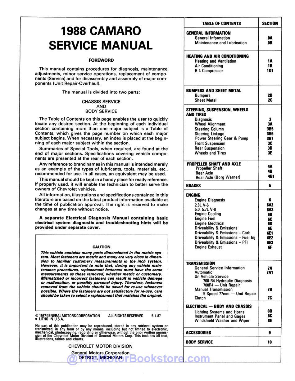 1988 Chevy Camaro Service Manual  - Table of Contents 1