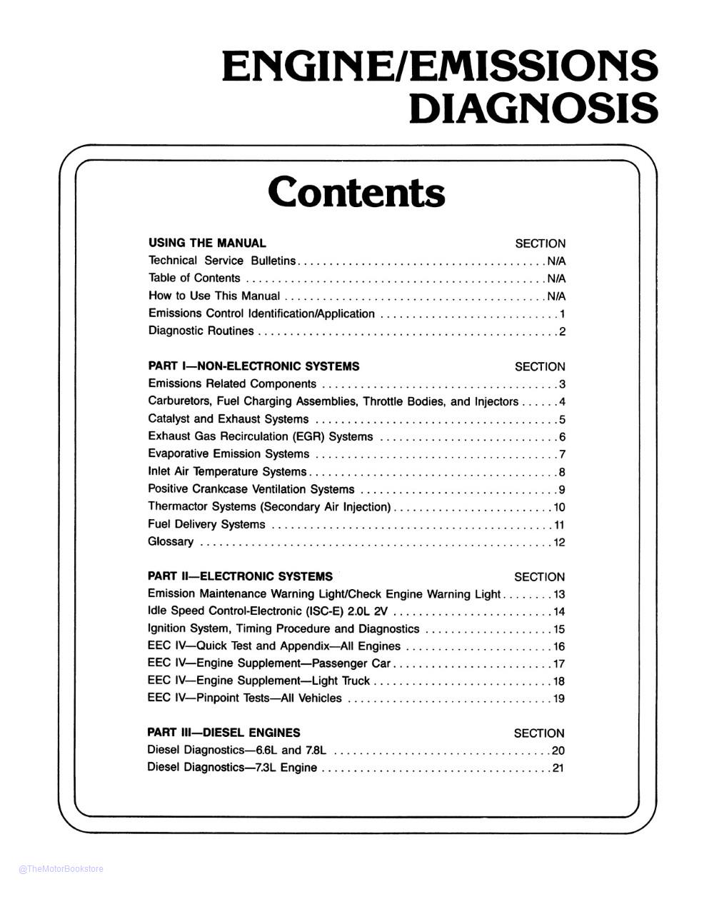 1988 Ford Car / Truck Engine & Emissions Diagnosis Shop Manual  - Table of Contents