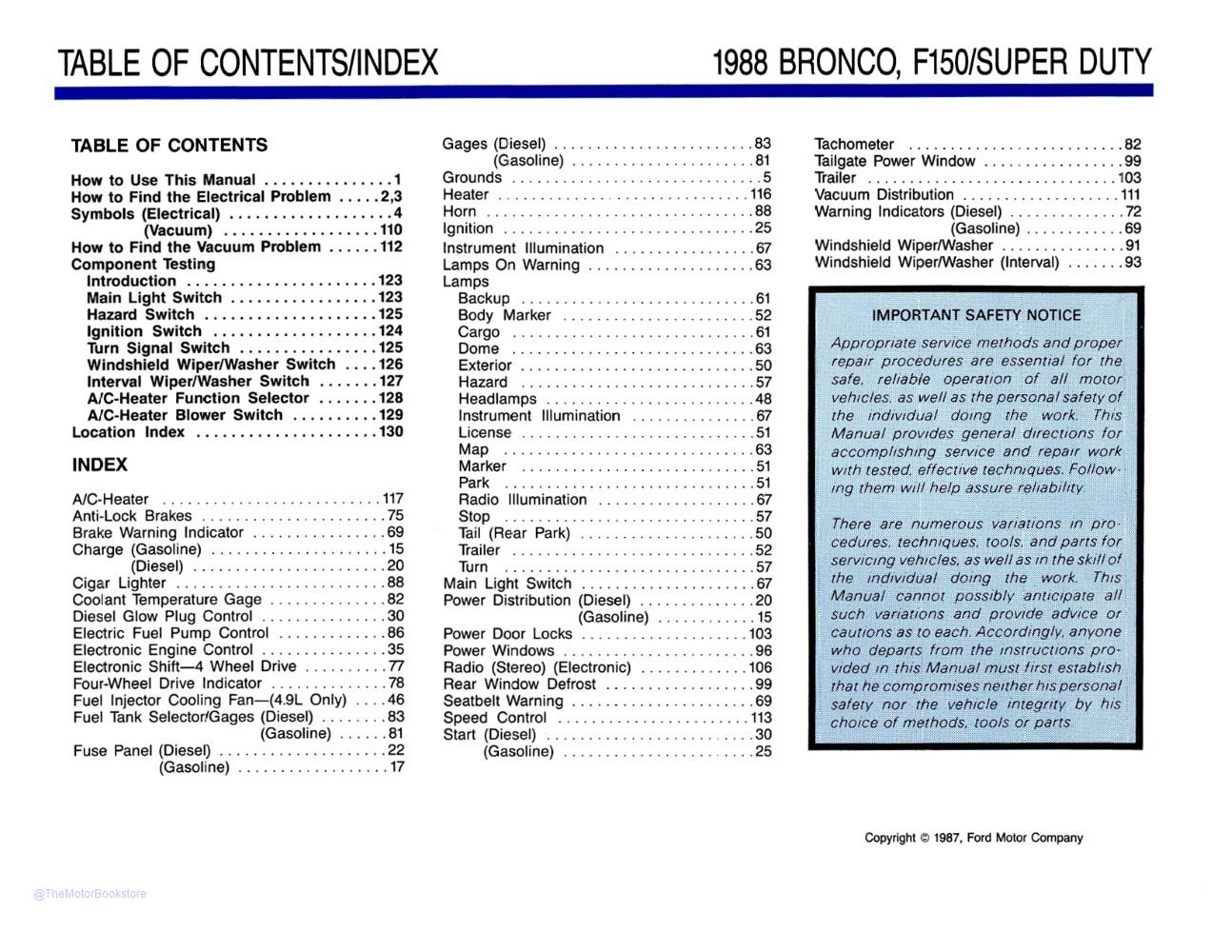 1988 Ford F-Series Truck Electrical Vacuum Troubleshooting Manual  - Table of Contents