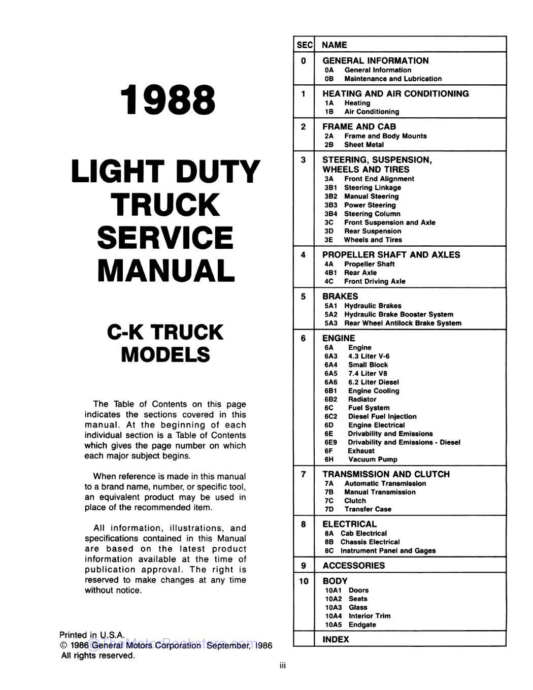 1988 GMC C / K Sierra Pickup Truck Service Manual  - Table of Contents 1