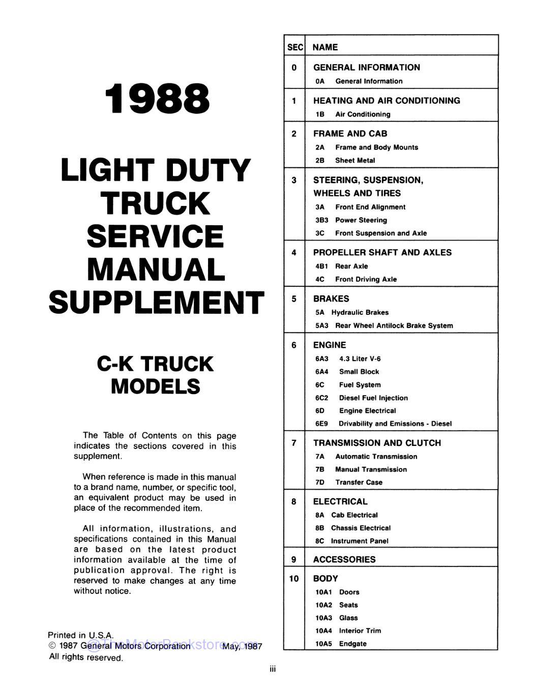 1988 GMC C / K Sierra Pickup Truck Service Manual  - Table of Contents 2