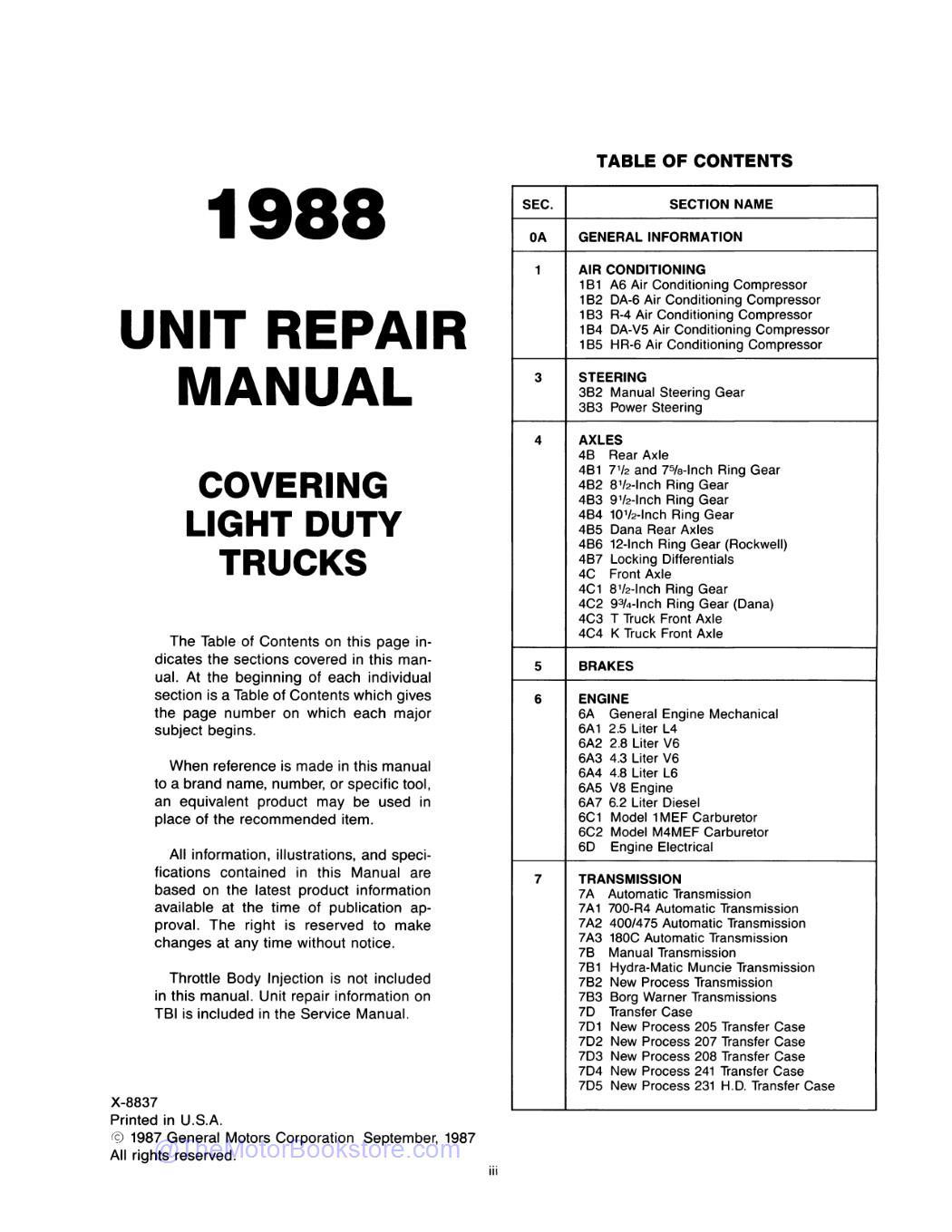 1988 GMC Light Duty Truck Unit Repair Manual  - Table of Contents