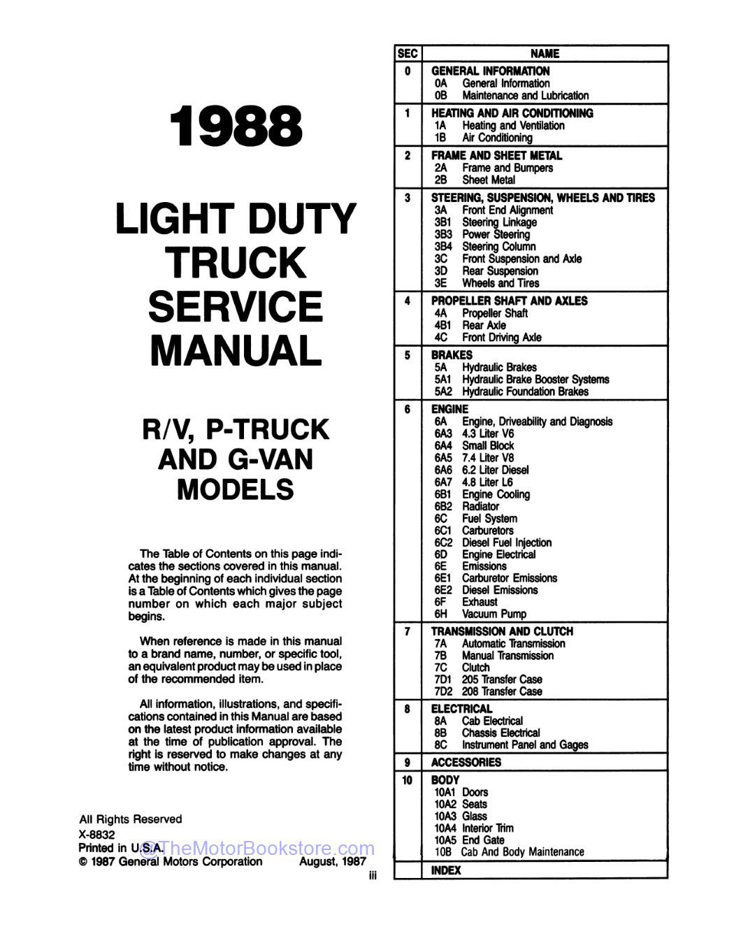 1988 GMC R-V Truck, G-P Van Shop Manual  - Table of Contents
