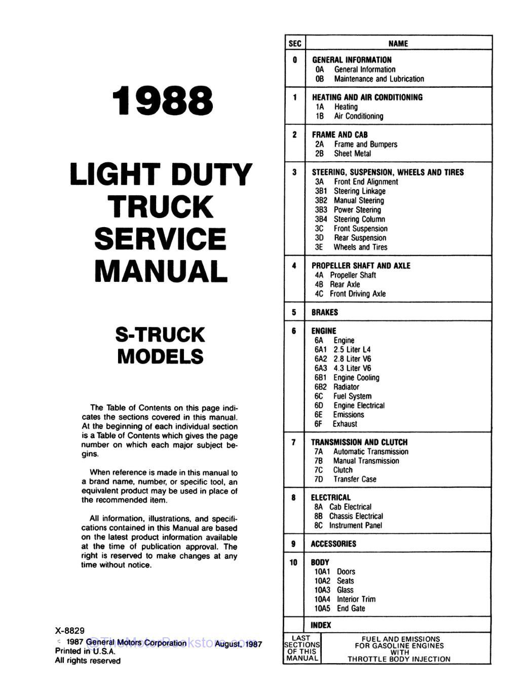 1988 GMC S / T Truck Service Manual  - Table of Contents