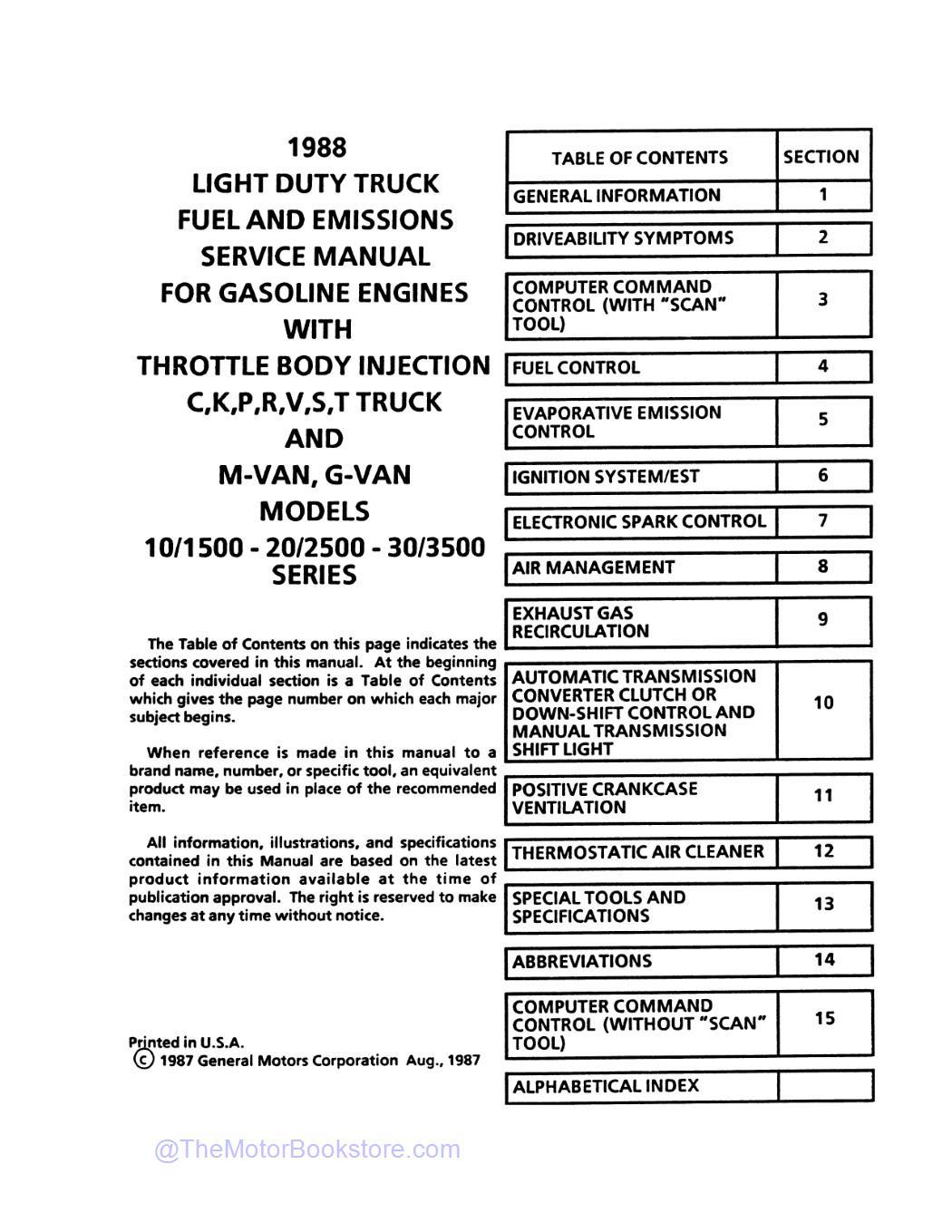 1988 GMC Truck Fuel, Emissions, Driveability Service Manual (Fuel Injected Gas Engines Only)  - Table of Contents