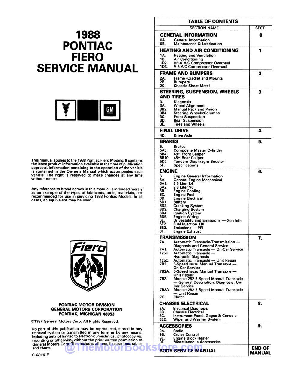 1988 Pontiac Fiero Service Manual  - Table of Contents 1