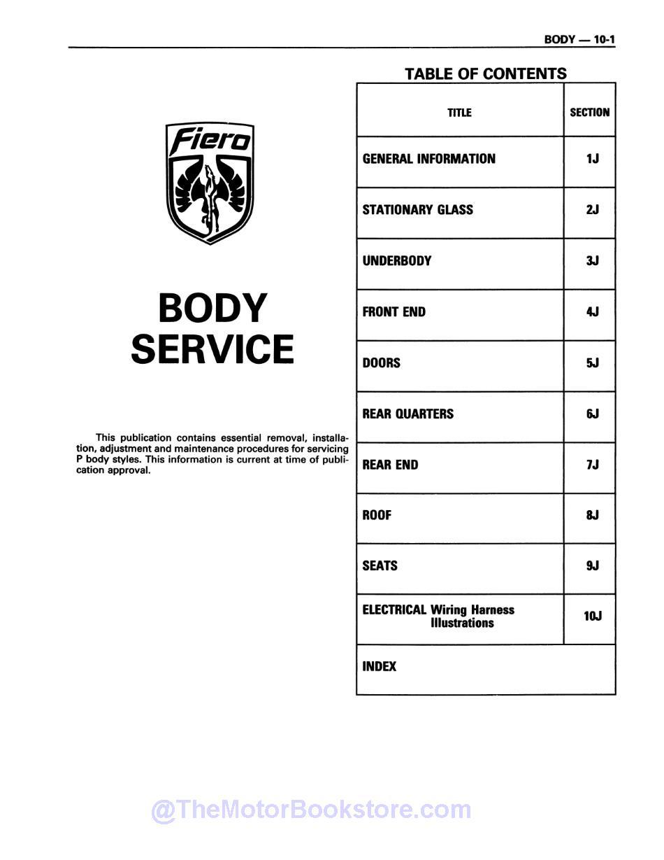 1988 Pontiac Fiero Service Manual  - Table of Contents 2
