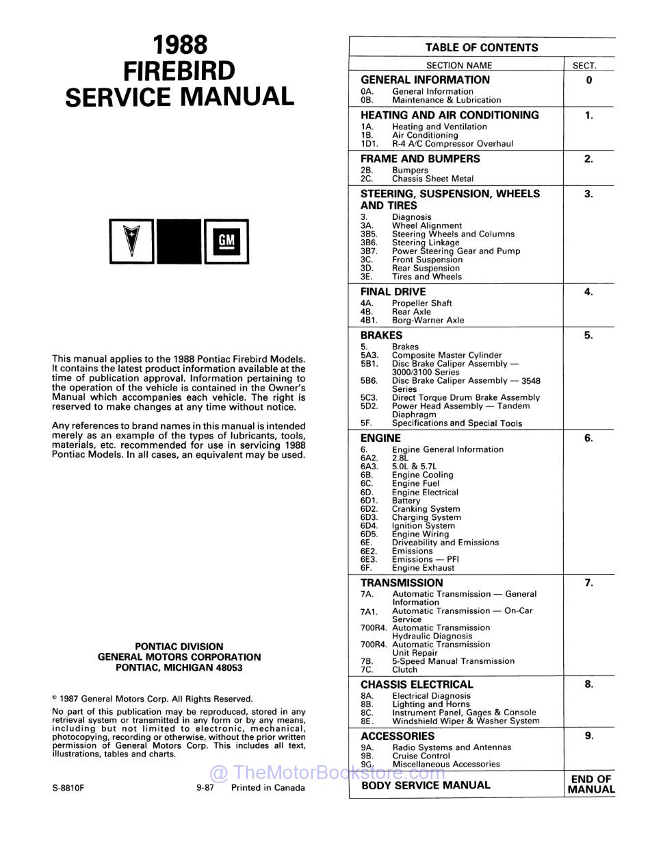 1988 Pontiac Firebird Chassis & Body Service Manual  - Table of Contents 1