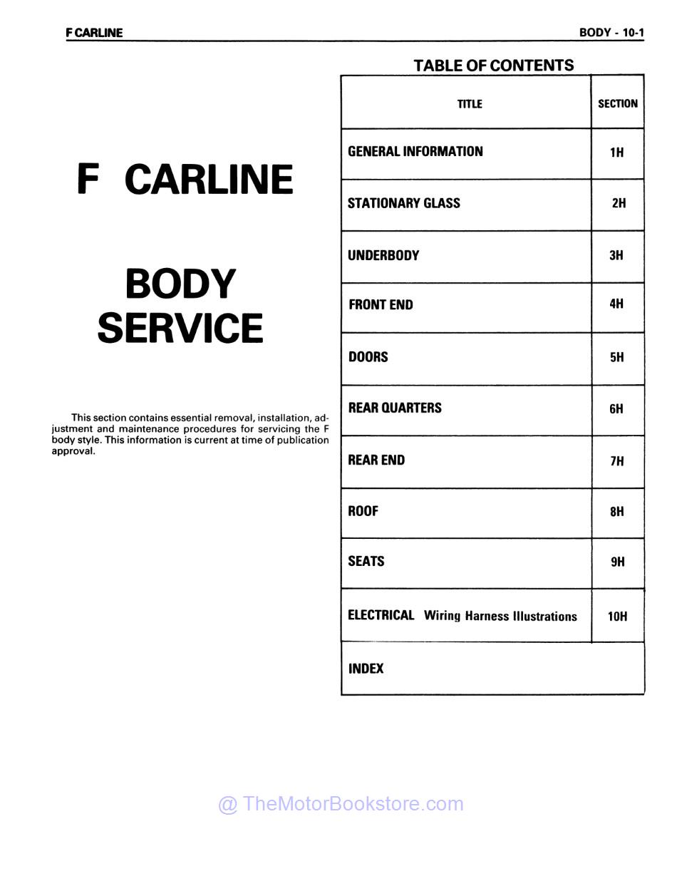 1988 Pontiac Firebird Chassis & Body Service Manual  - Table of Contents 2