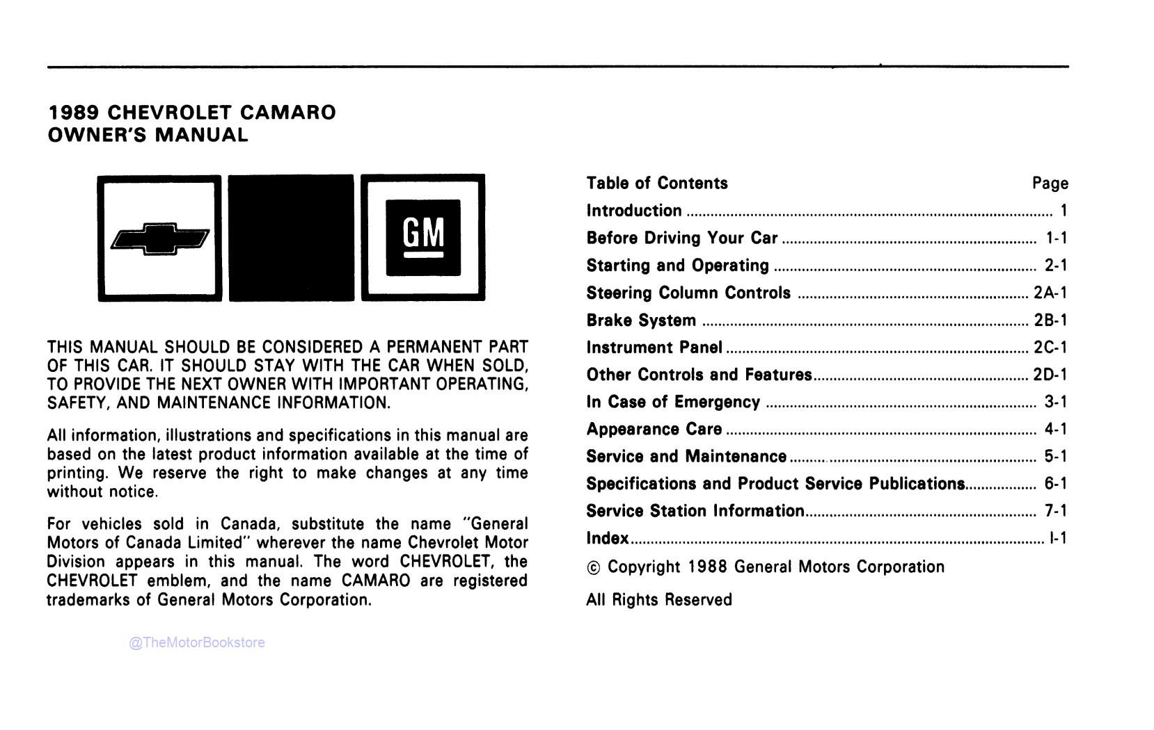 1989 Camaro Owner's Manual - Table of Contents 1989 Camaro Owner's Manual - Table of Contents