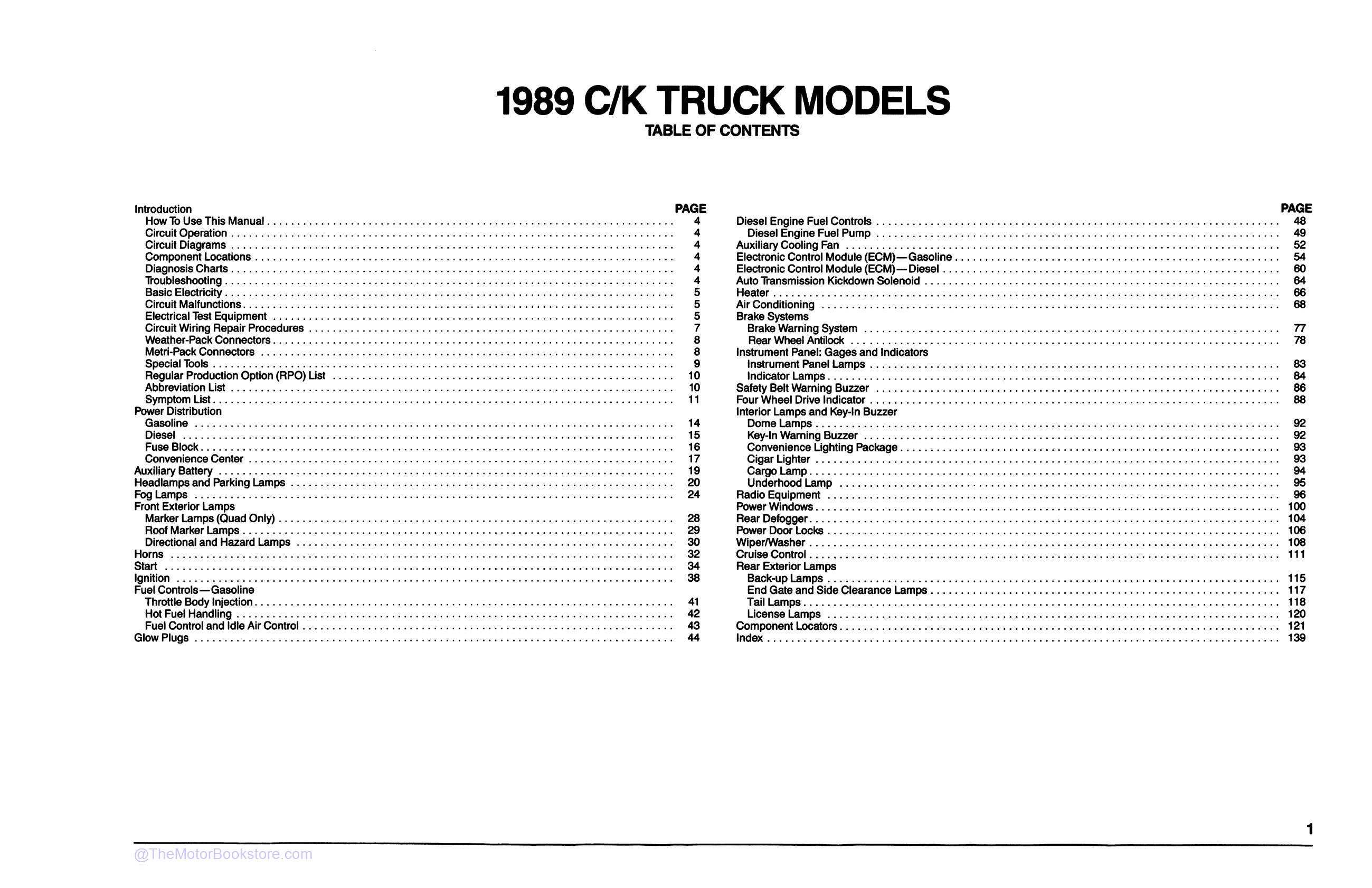 1989 Chevrolet C-K Truck Electrical Diagnosis & Wiring Diagrams Manual  - Table of Contents