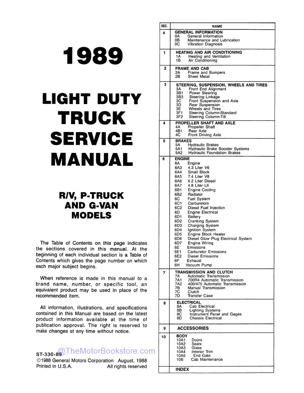 1989 Chevrolet R-V Truck, G-P Van Shop Manual  - Table of Contents 1