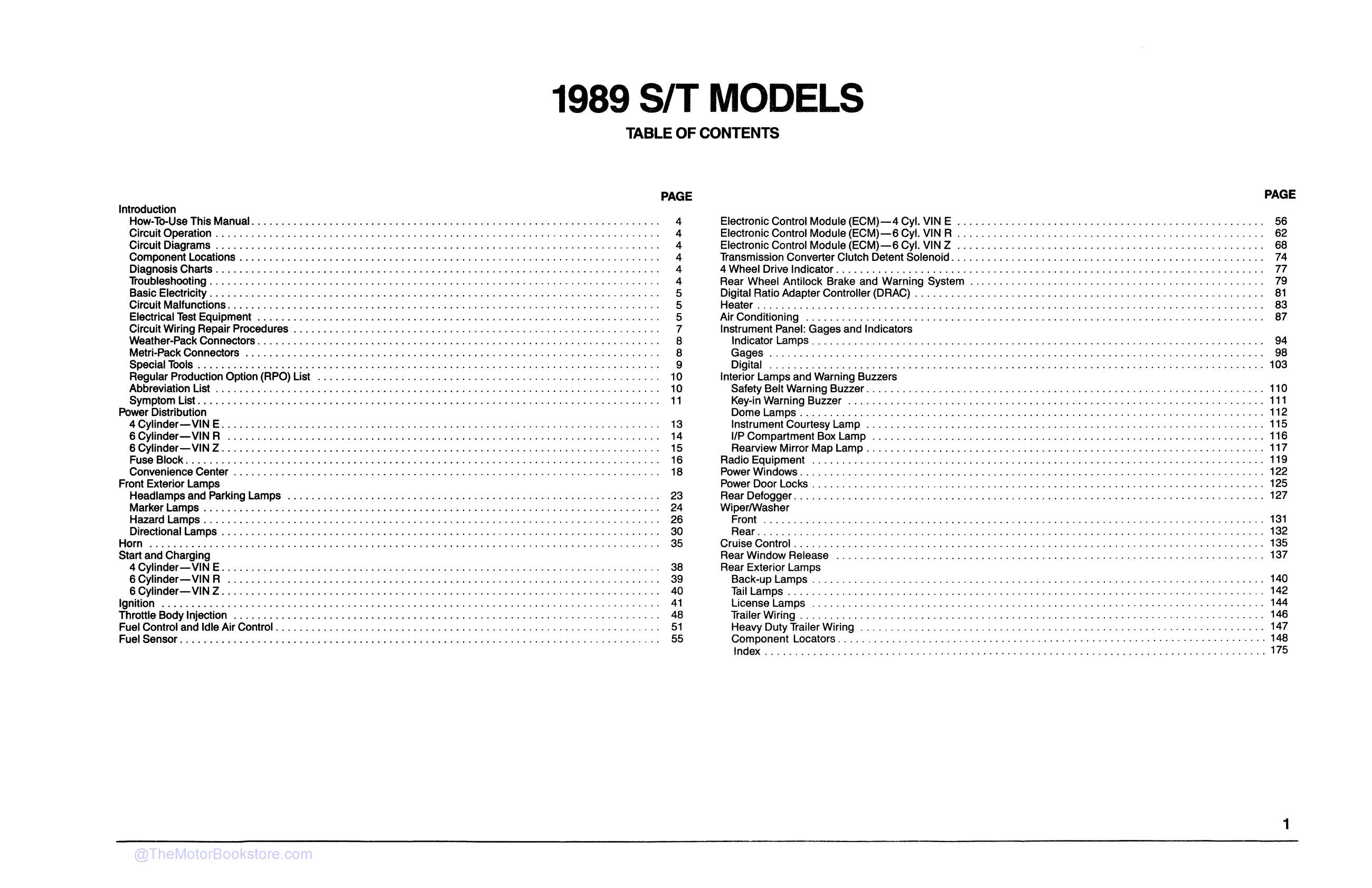 1989 Chevrolet S-10 Truck Electrical Diagnosis & Wiring Diagrams  - Table of Contents