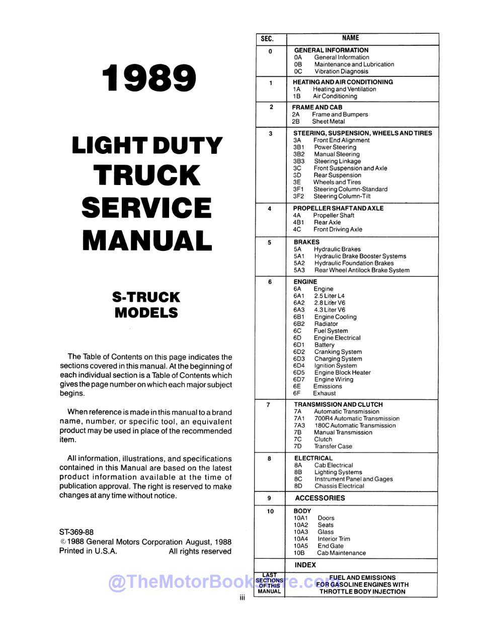 1989 Chevy S-10 LD Truck Service Manual  - Table of Contents 1