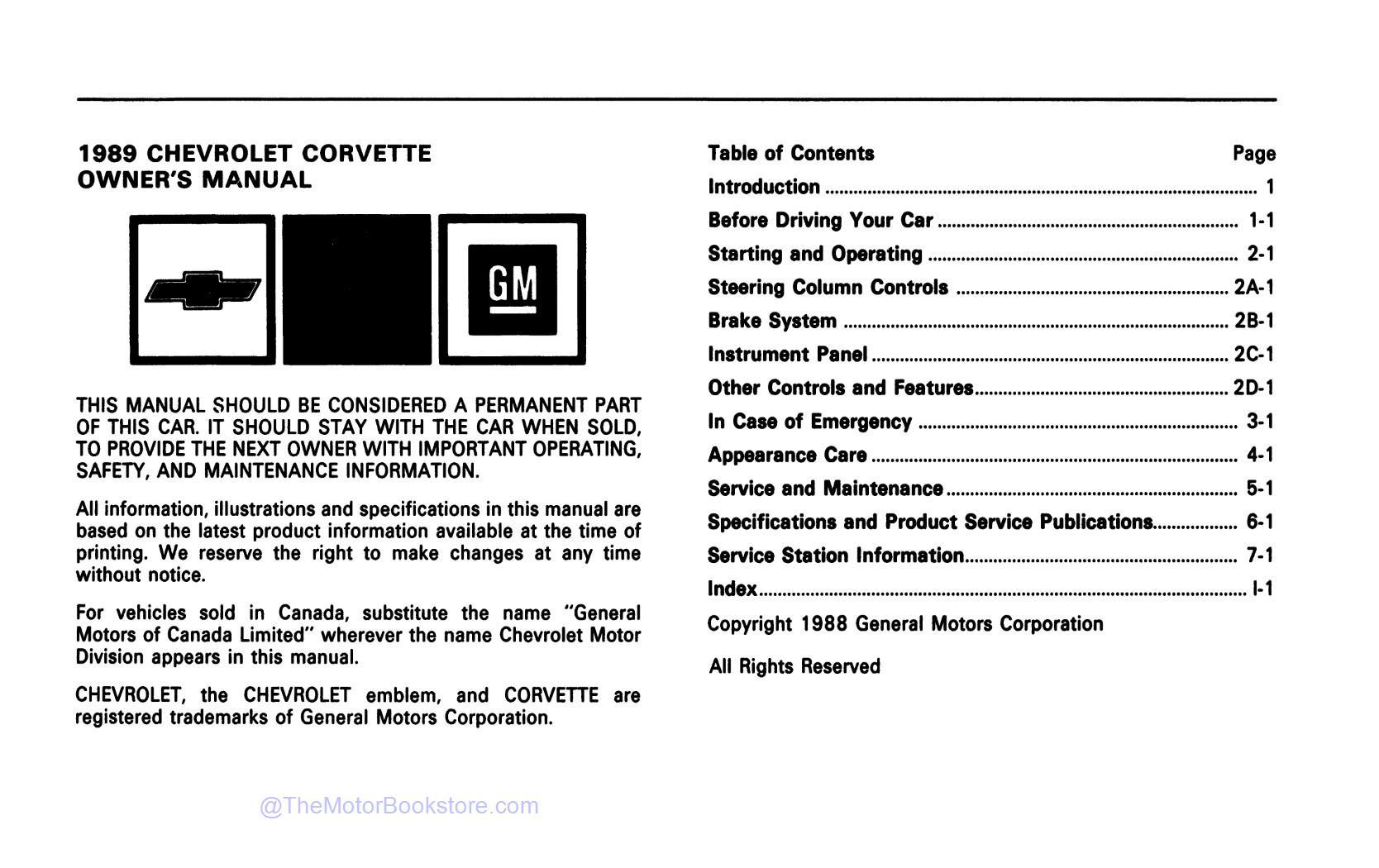 1989 Corvette Owner's Manual - Table of Contents 1989 Corvette Owner's Manual - Table of Contents