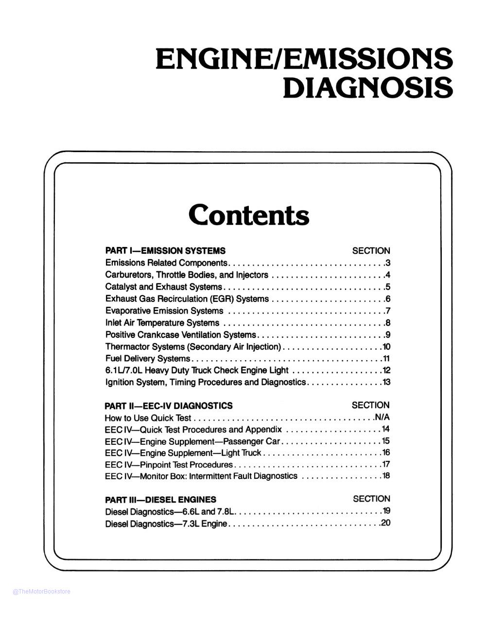 1989 Ford Car / Truck Emissions Diagnosis Shop Manual  - Table of Contents