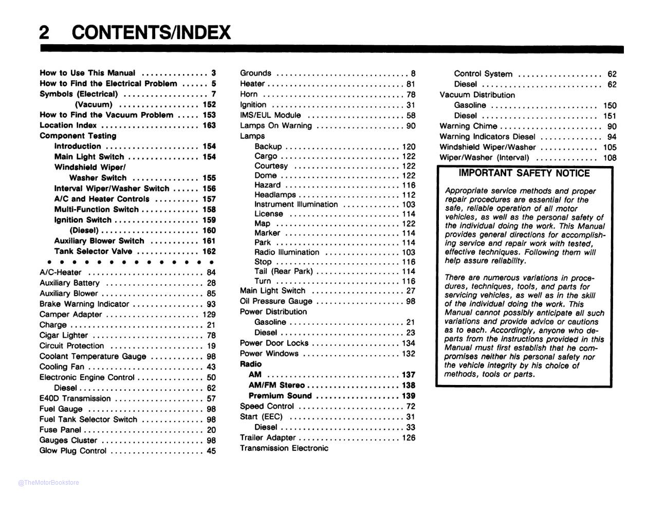 1989 Ford Econoline Electrical Vacuum Troubleshooting Manual  - Table of Contents
