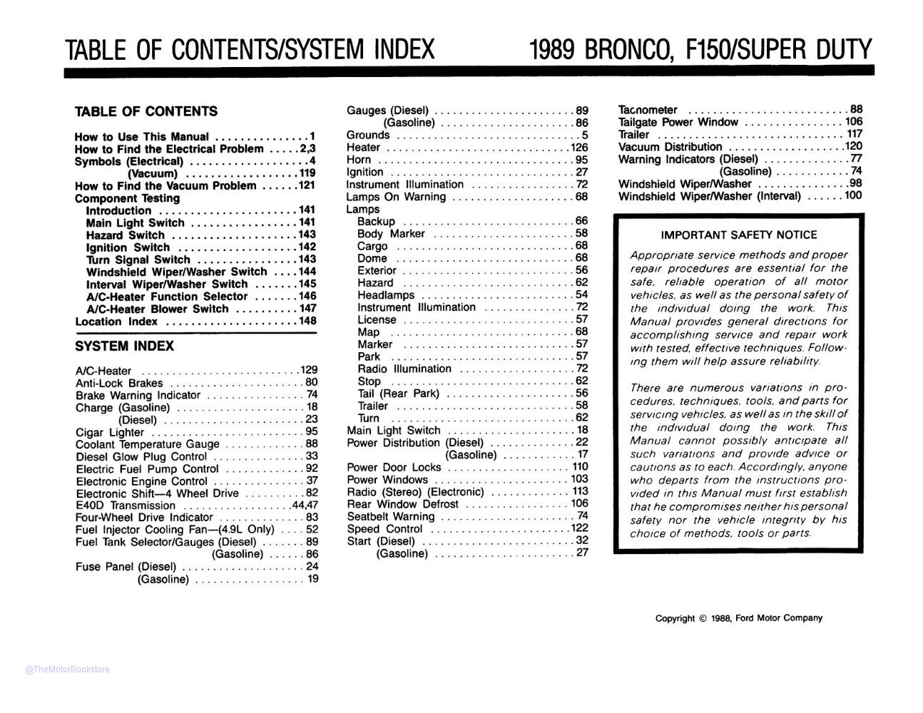 1989 Ford F-Series Truck Electrical Vacuum Troubleshooting Manual  - Table of Contents