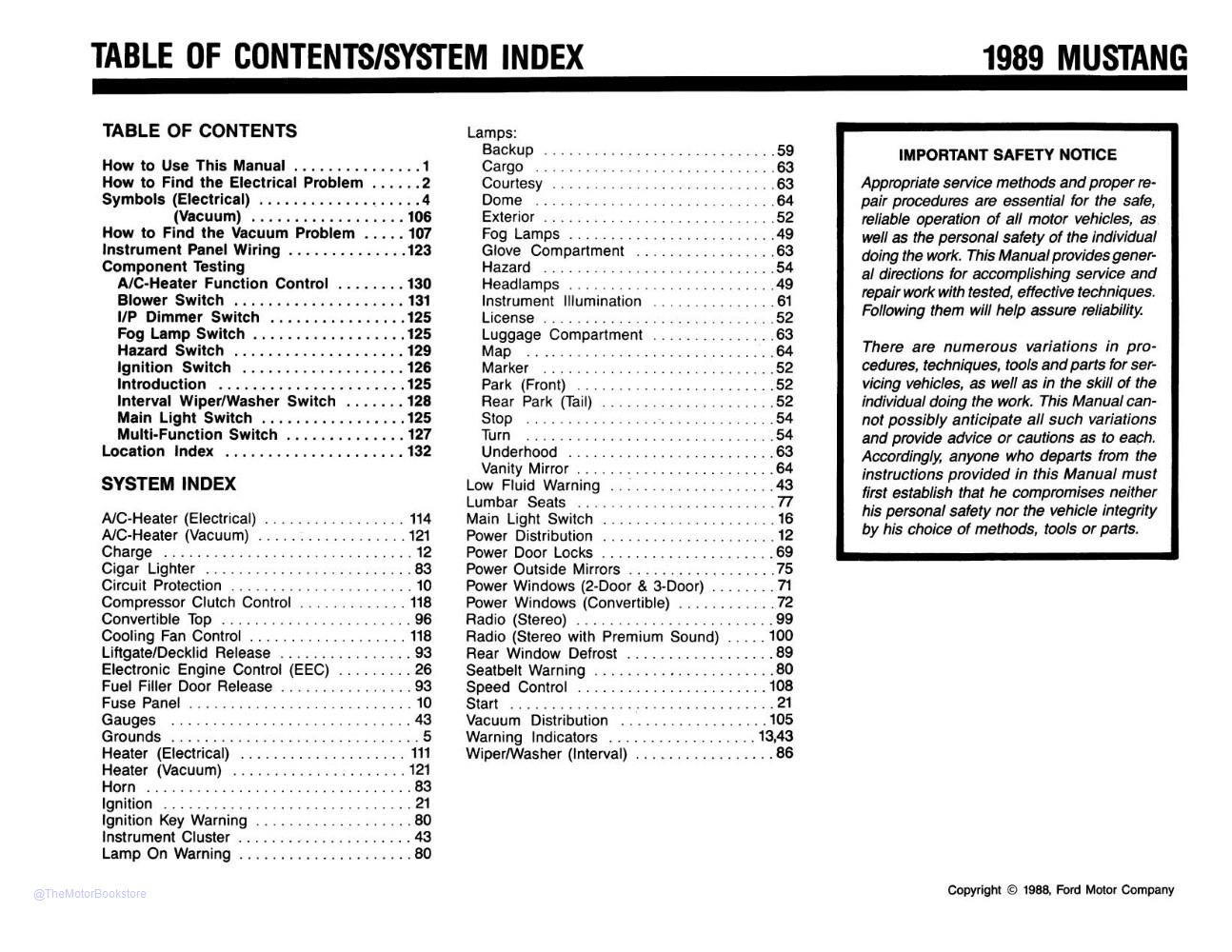 1989 Ford Mustang Electrical Vacuum Troubleshooting Manual  - Table of Contents