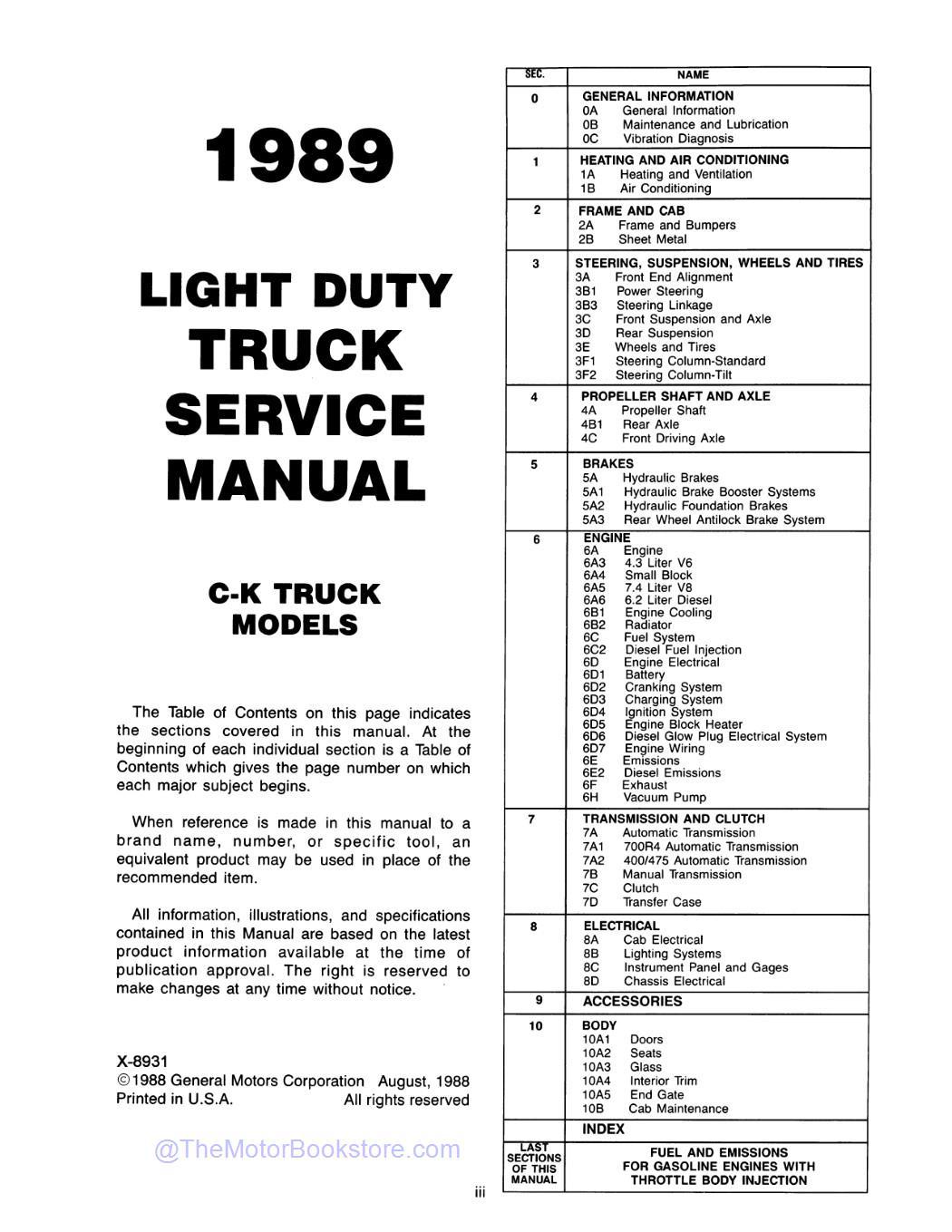 1989 GMC C / K Sierra Truck Service Manual - Table of Contents 1989 GMC C / K Sierra Truck Service Manual - Table of Contents