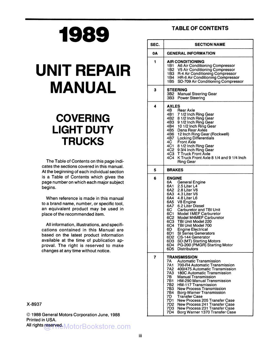 1989 GMC Light Duty Truck Unit Repair Manual  - Table of Contents