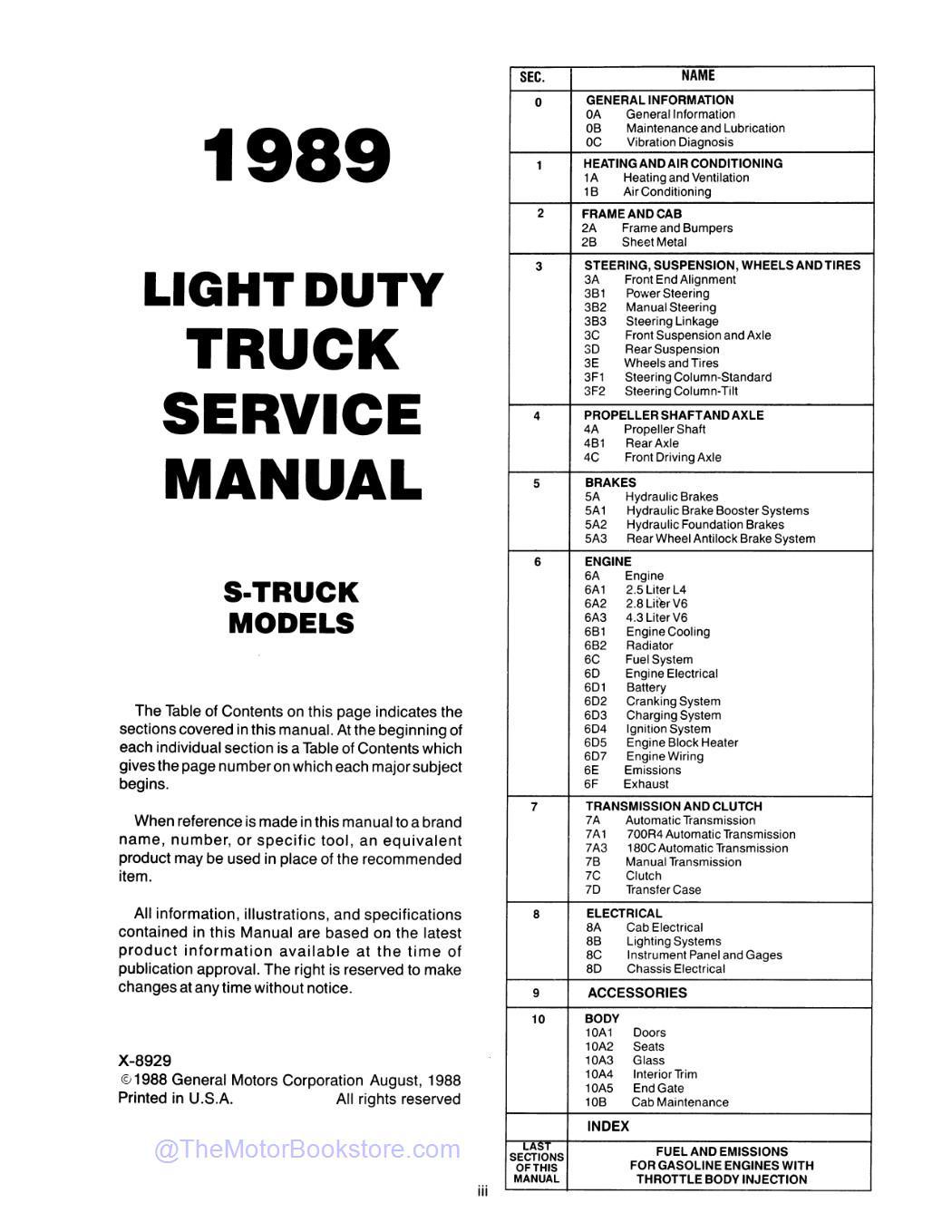 1989 GMC S / T Truck & Jimmy Service Manual  - Table of Contents