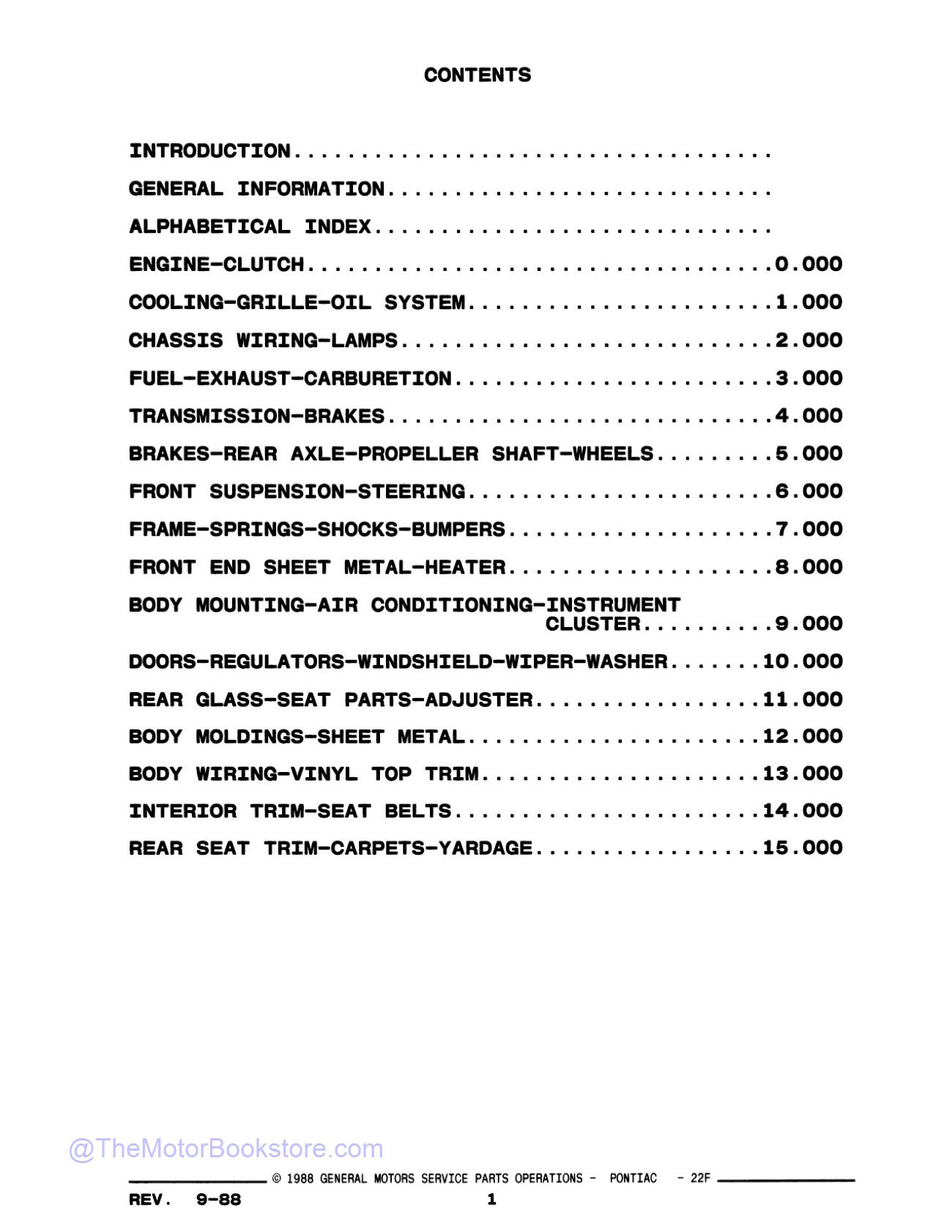 1989 Pontiac Firebird Parts & Illustrations Catalog  - Table of Contents