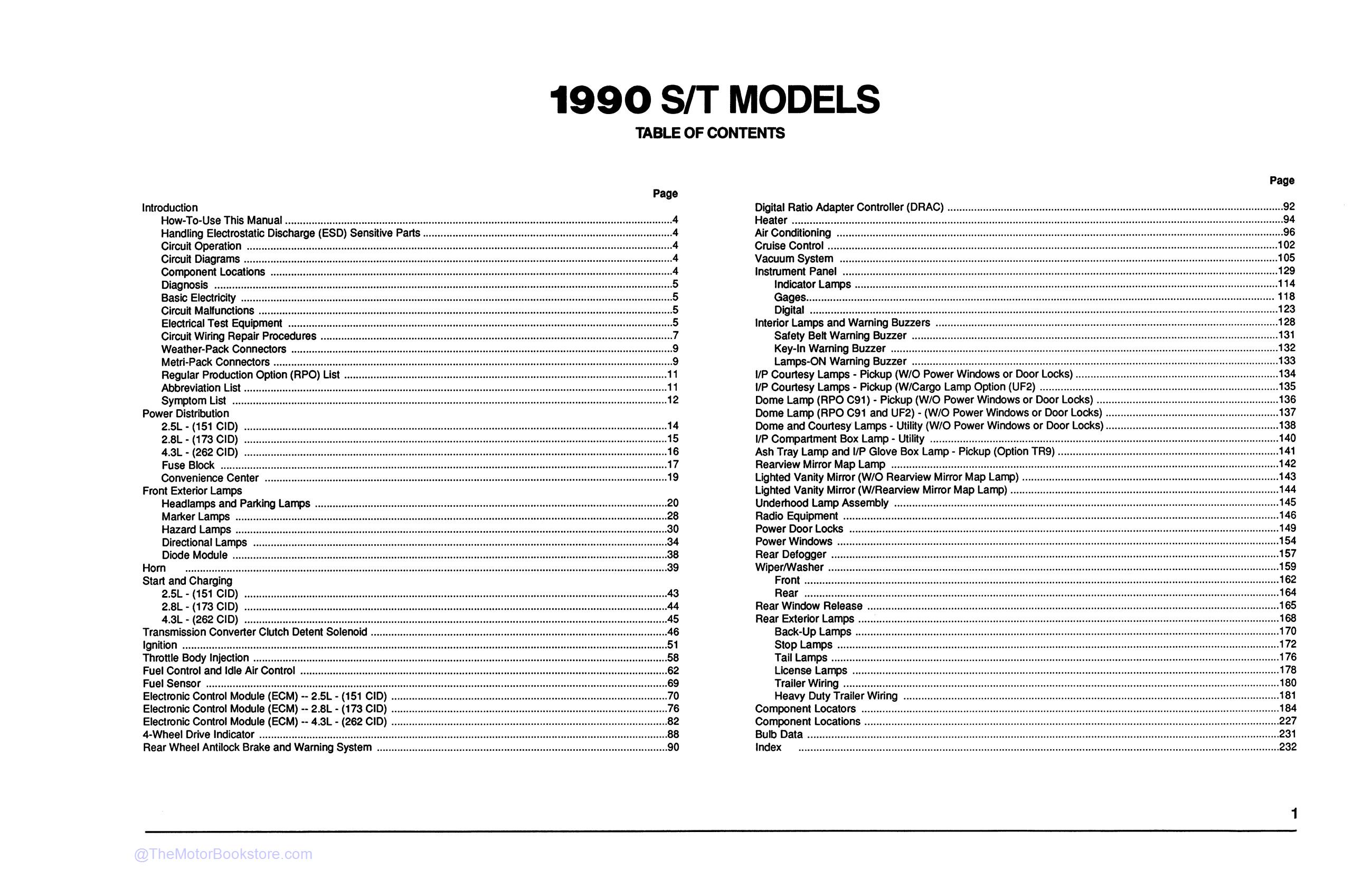 1990 Chevrolet S-10 Truck Electrical Diagnosis & Wiring Diagrams Manual  - Table of Contents