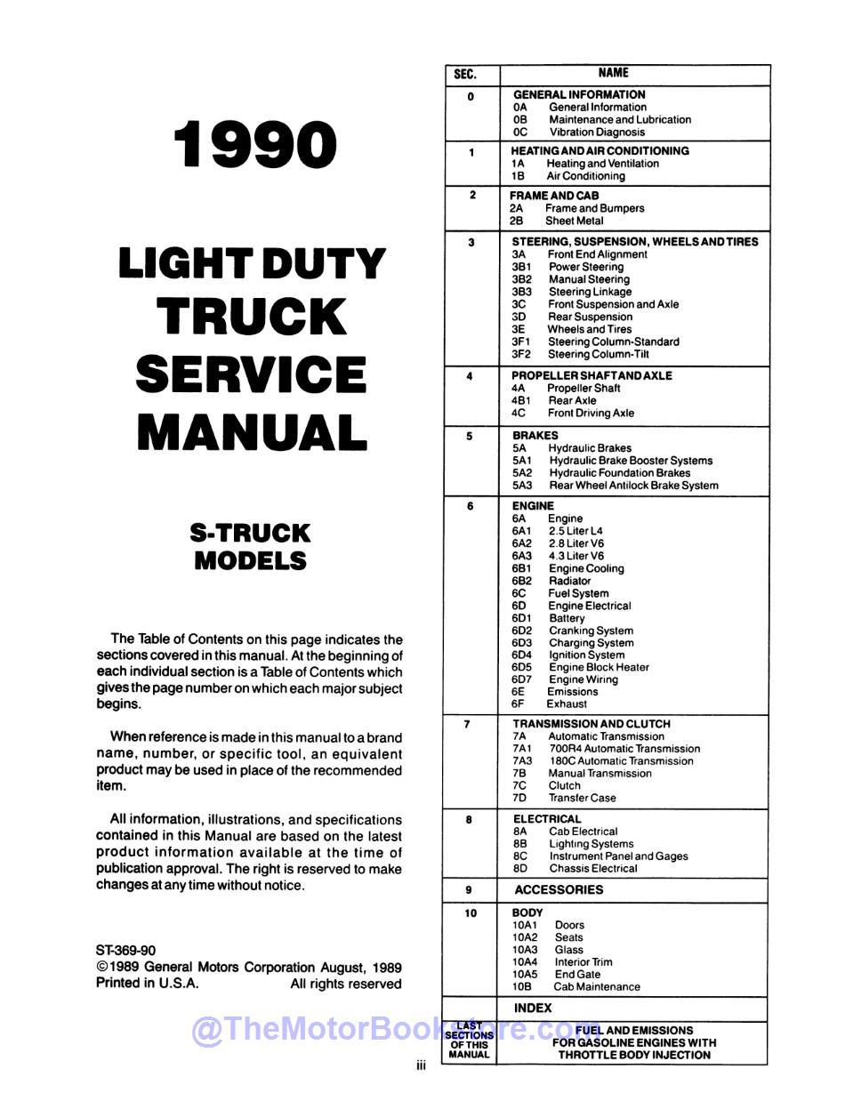 1990 Chevy S-10 Models Service Manual  - Table of Contents 1