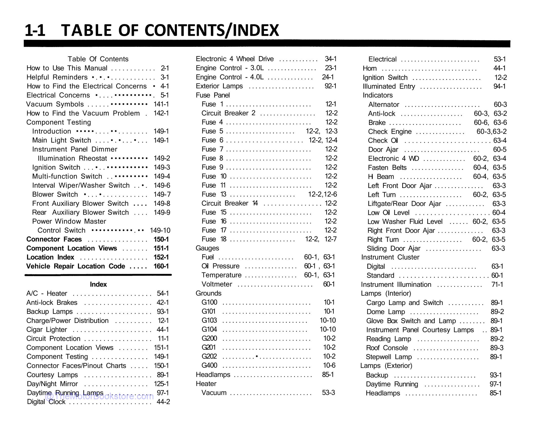 1990 Ford Aerostar Electrical / Vacuum Diagnosis Manual  - Table of Contents 1